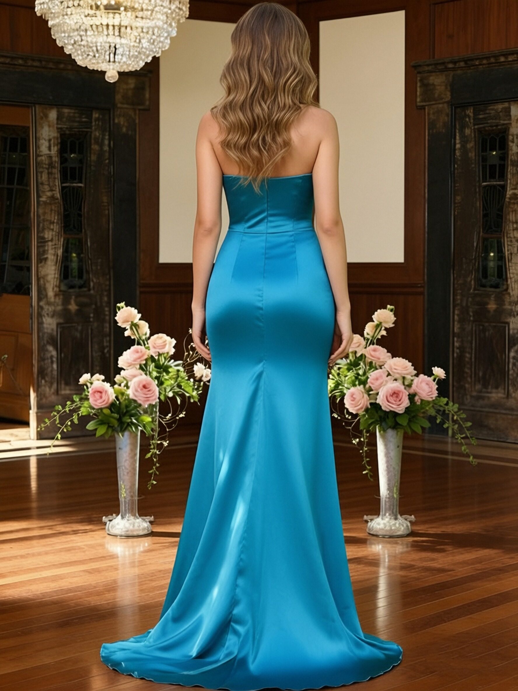 Strapless Pleated Floor Length Satin Mermaid Prom Dresses