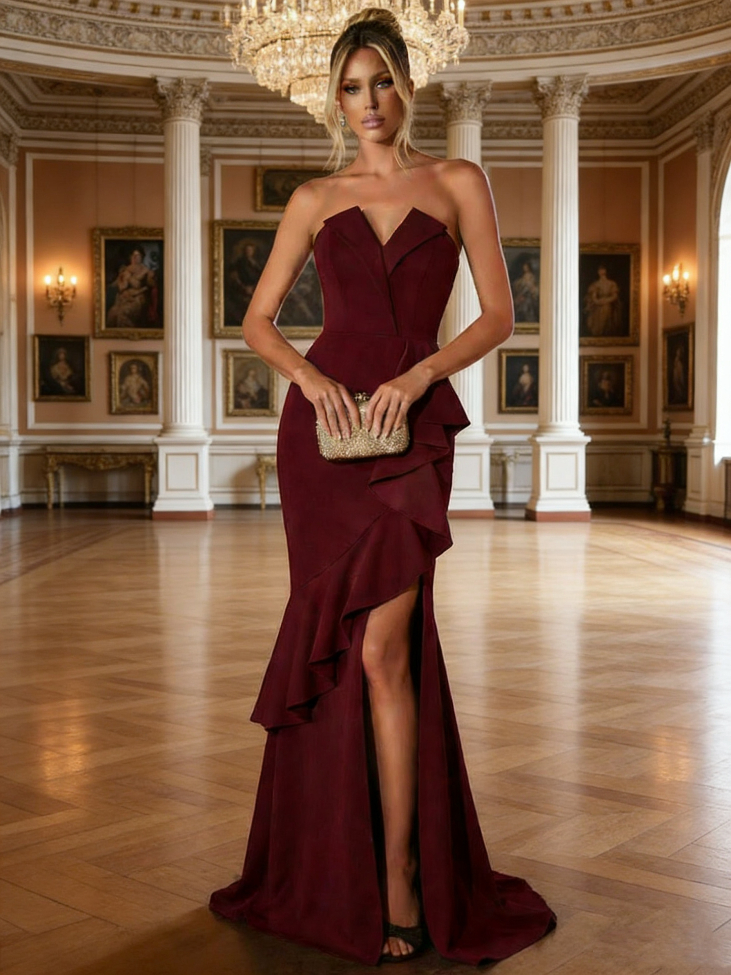 Strapless Ruffles Satin Mermaid Prom Dresses with Slit