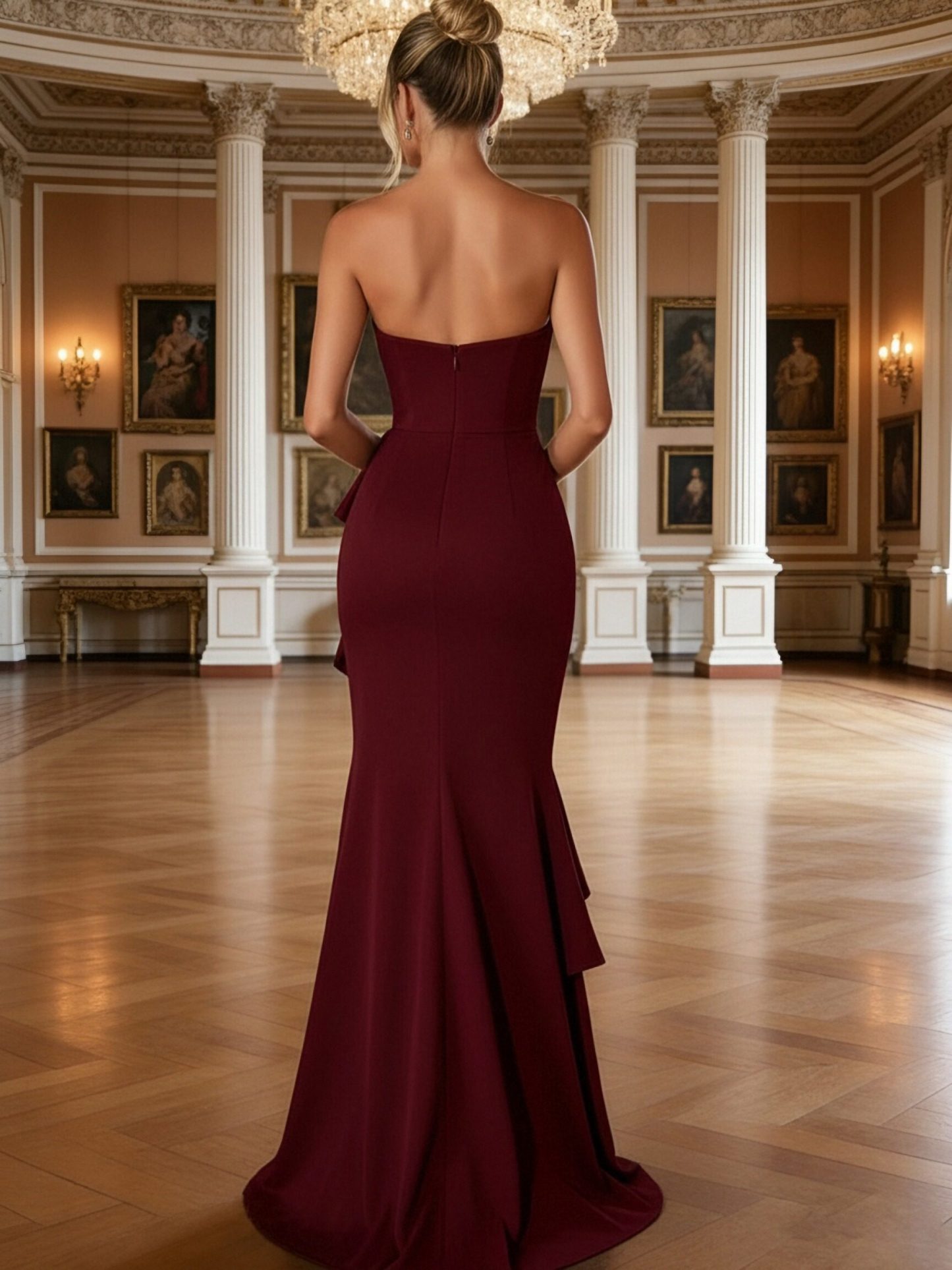 Strapless Ruffles Satin Mermaid Prom Dresses with Slit