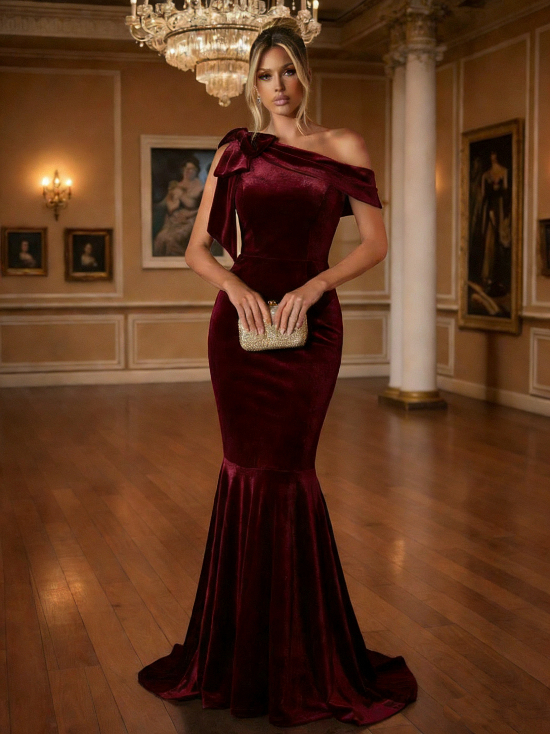 Asymmetric Neck Velvet Mermaid Prom Dresses