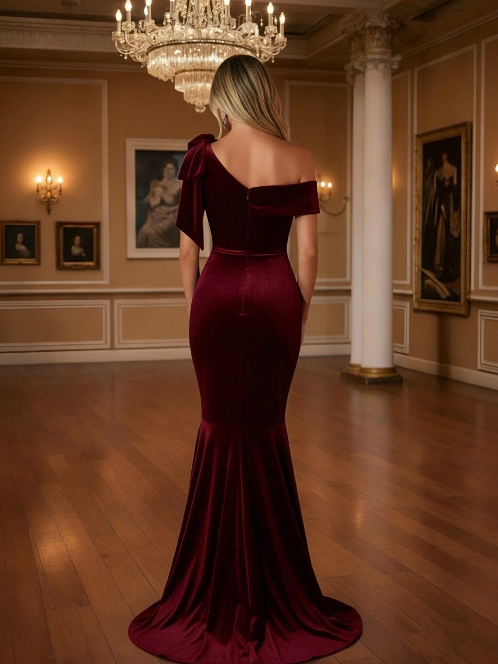 Asymmetric Neck Velvet Mermaid Prom Dresses