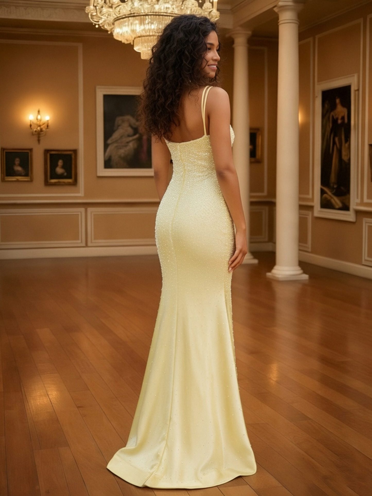 Spaghetti Strap Beaded Satin Mermaid Prom Dresses with Slit