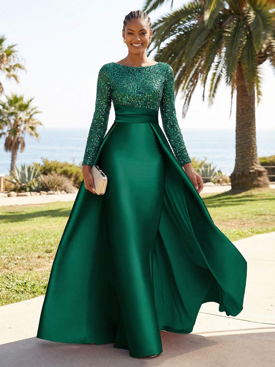 Crew Neck Sparkly Sequin A Line Prom Dresses with Sleeves