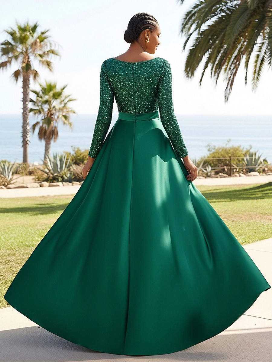 Crew Neck Sparkly Sequin A Line Prom Dresses with Sleeves