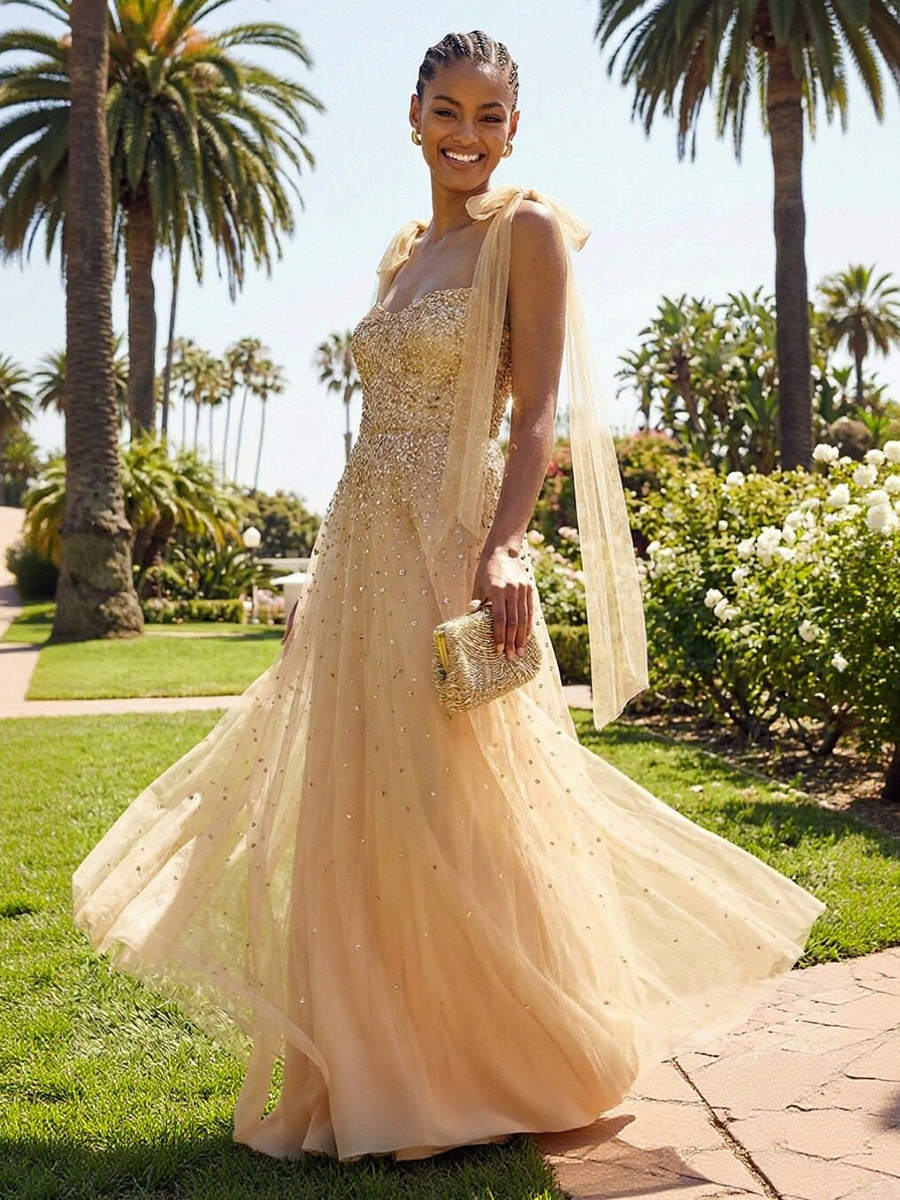 Glitter Tulle Spaghetti Straps A Line Prom Dresses with Bow