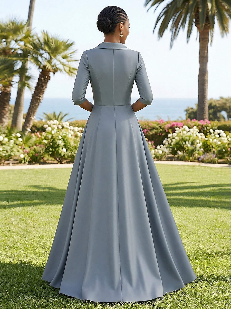 Satin V Neck Lace Jacquard Long Prom Dresses with Sleeves