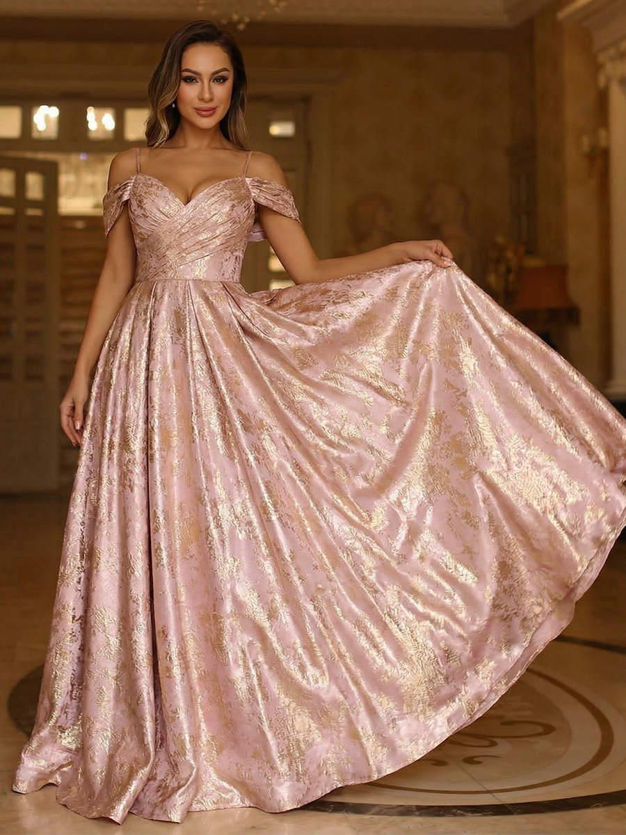 Metallic Satin Off the SHoulder A Line Prom Dresses with Floral