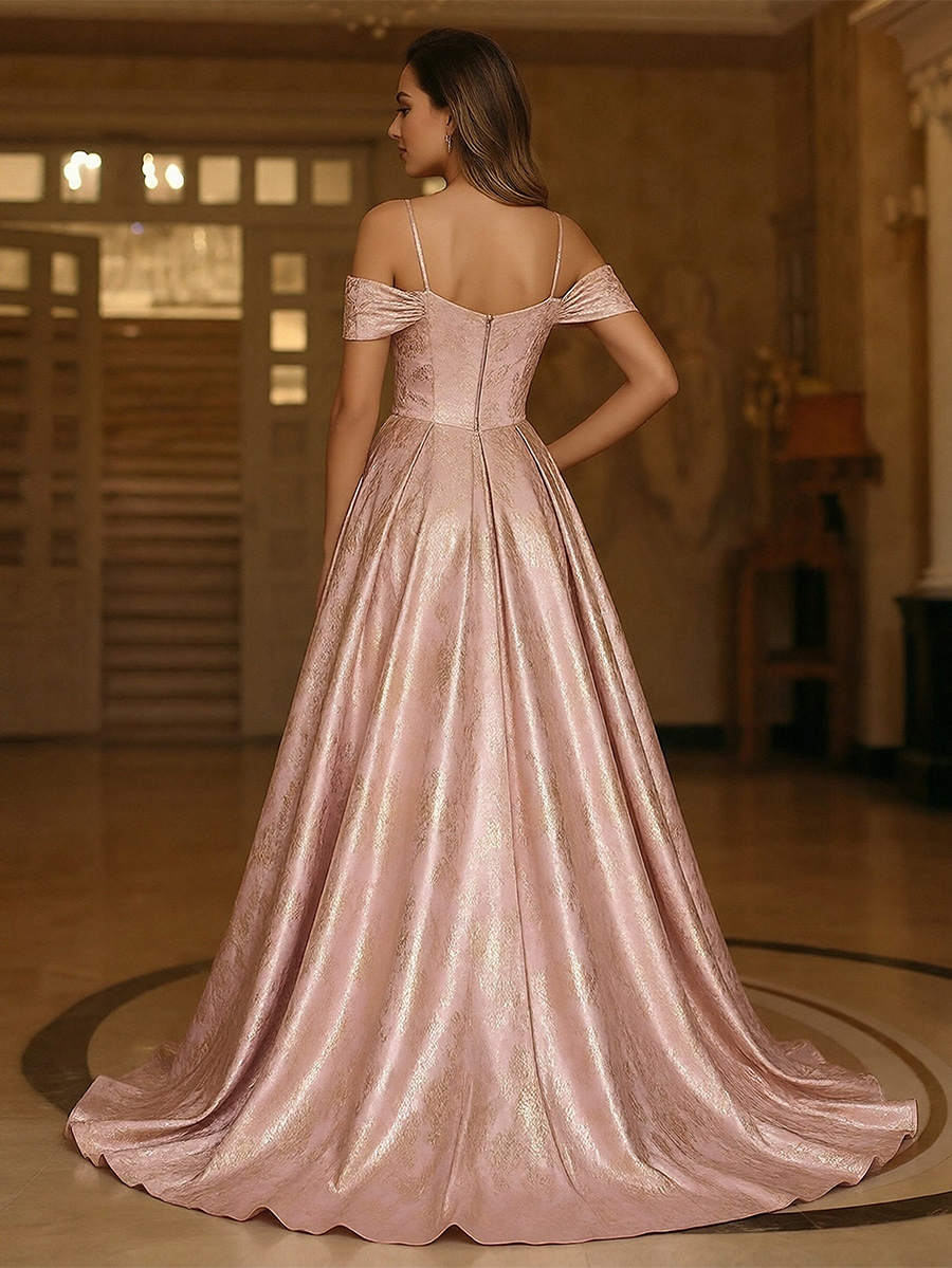 Metallic Satin Off the SHoulder A Line Prom Dresses with Floral