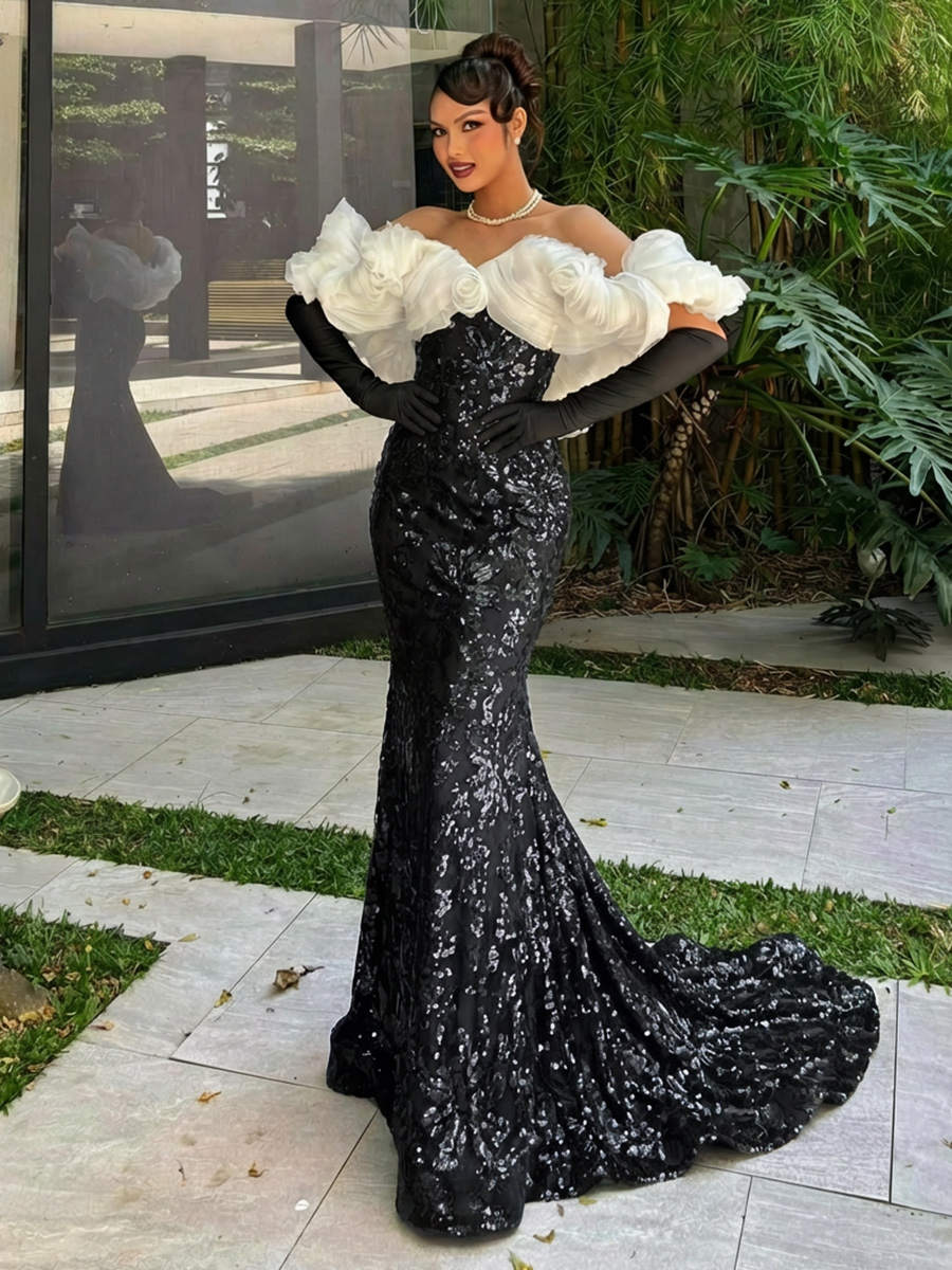 Sequin Off the Shoulder A Line Prom Dresses with Floral