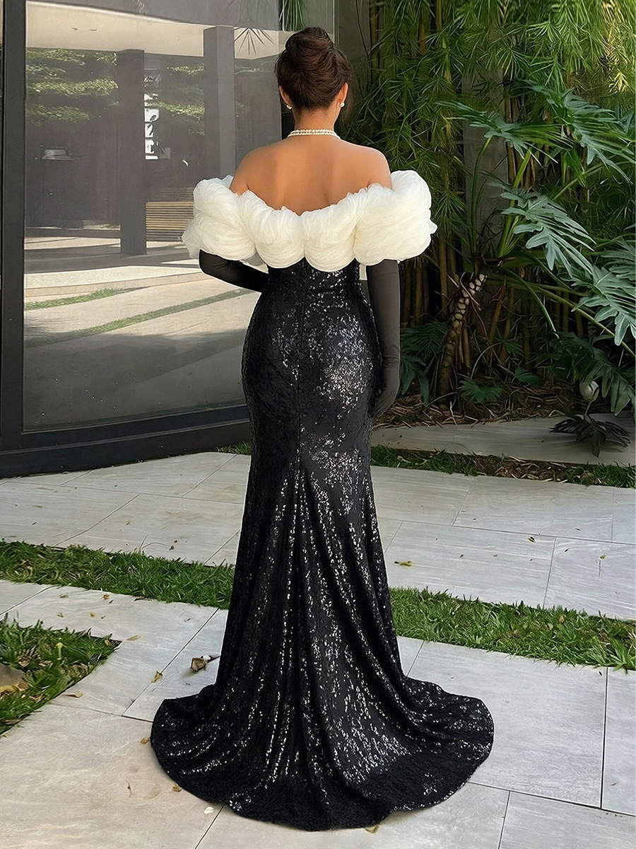 Sequin Off the Shoulder A Line Prom Dresses with Floral