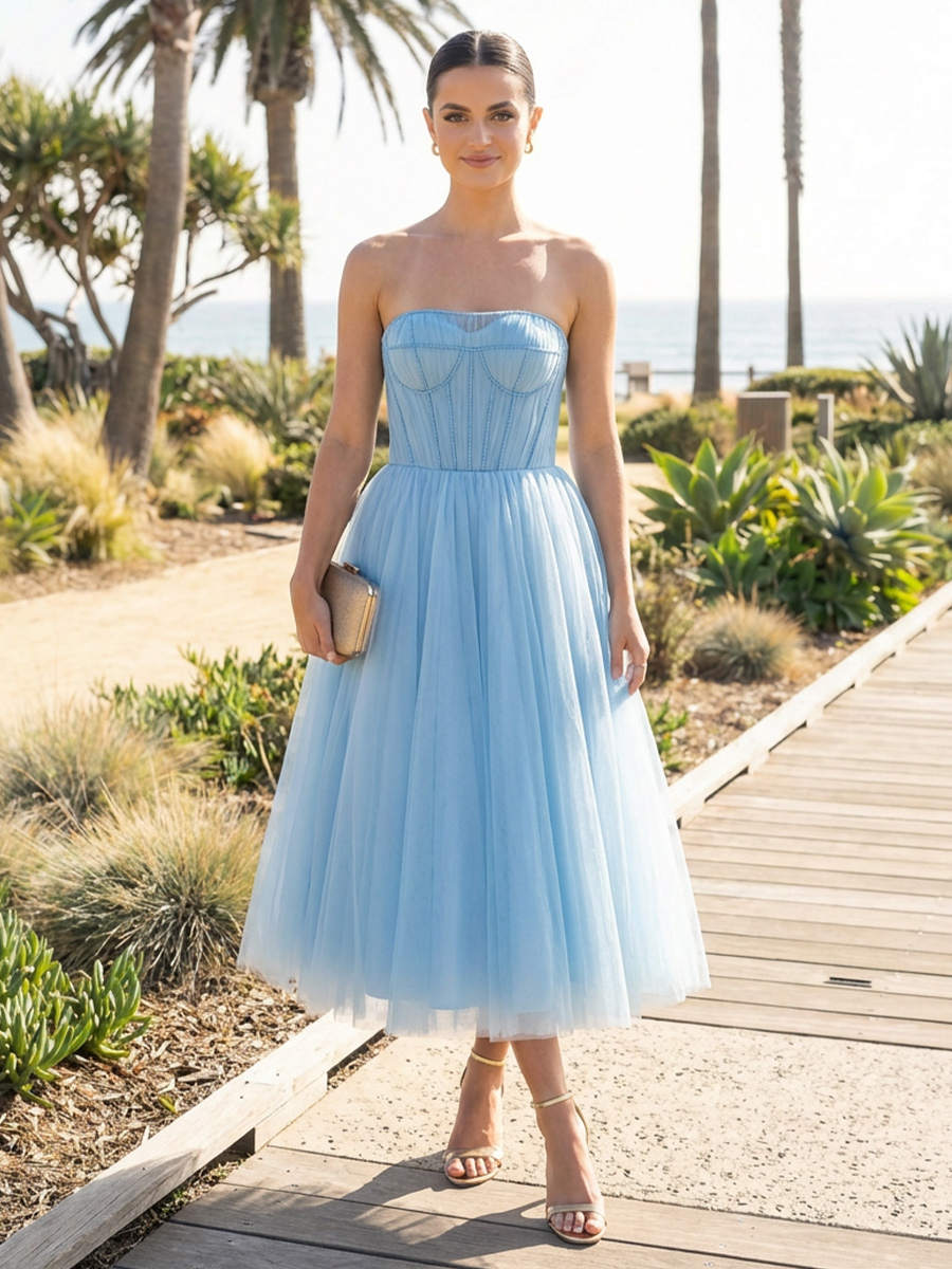 Tulle Strapless A Line Tea Length Prom Dresses