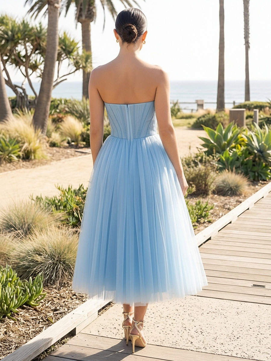 Tulle Strapless A Line Tea Length Prom Dresses