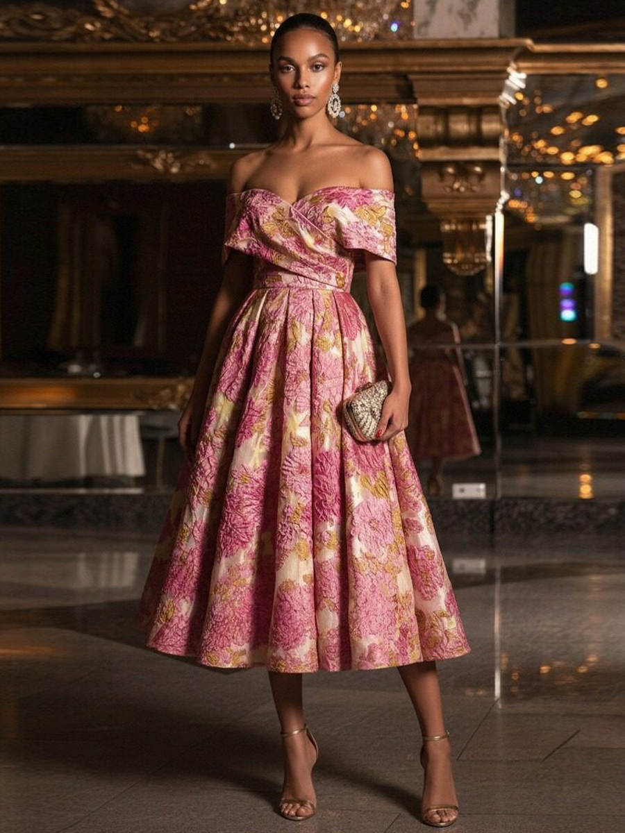 Jacquard Off the Shoulder A Line Tea Length Prom Dresses