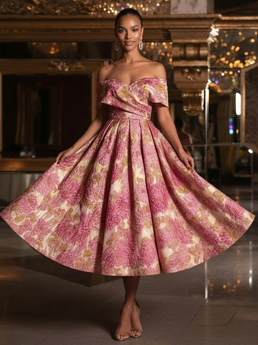 Jacquard Off the Shoulder A Line Tea Length Prom Dresses