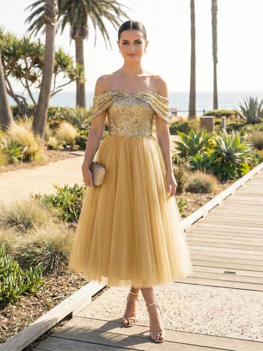 Off the Shoulder A Line Tulle Prom Dresses with Sequin