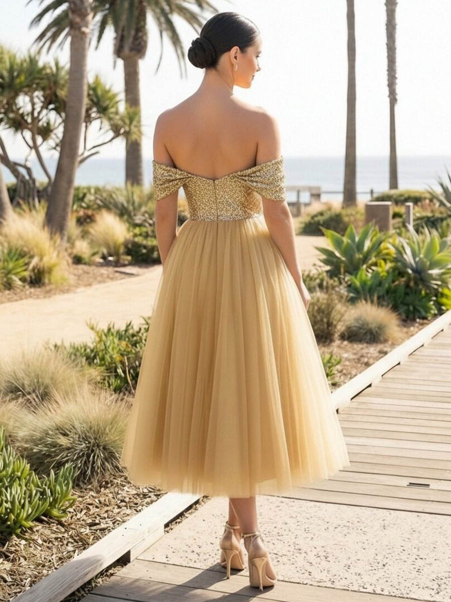 Off the Shoulder A Line Tulle Prom Dresses with Sequin