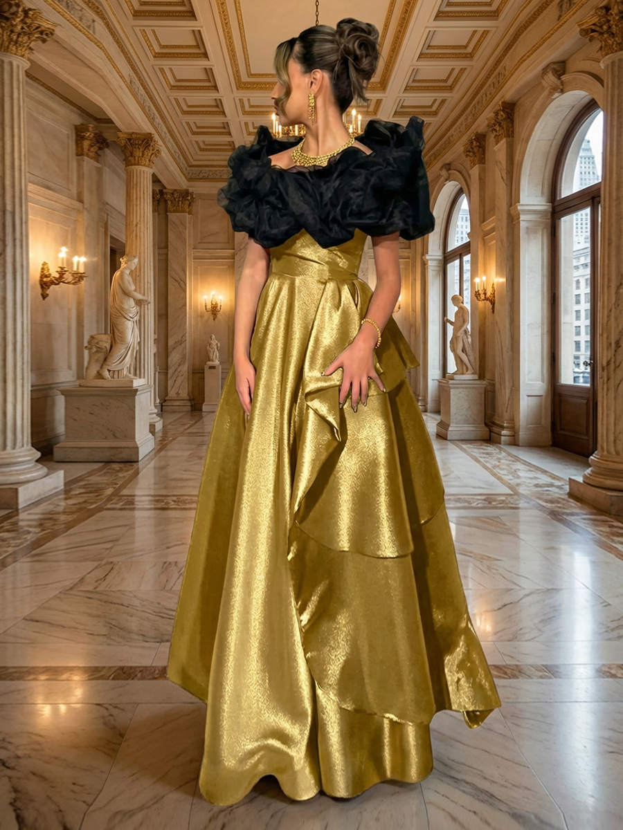 Boat Neck A Line Ruffles Organza Prom Dresses with Sequin