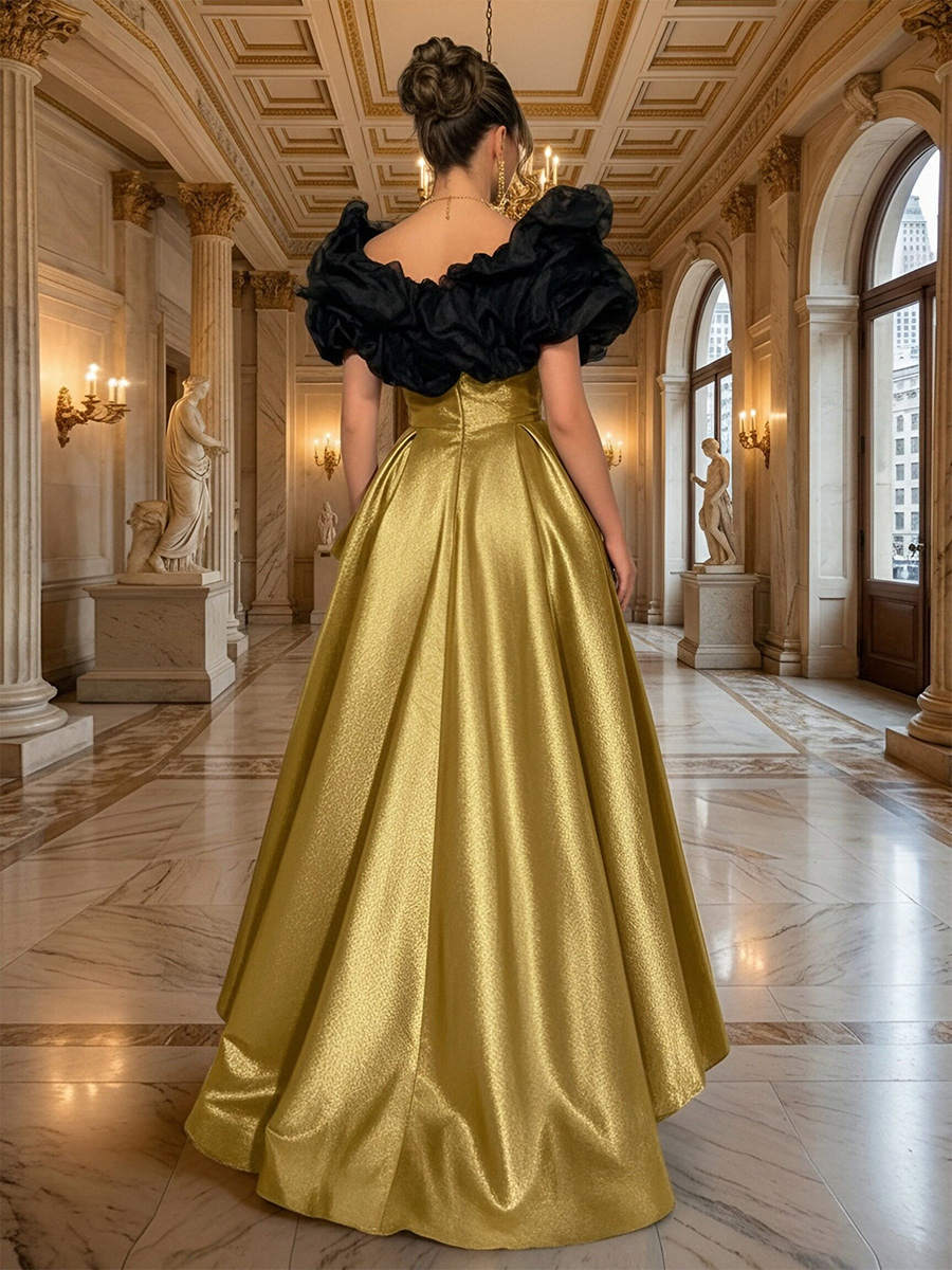 Boat Neck A Line Ruffles Organza Prom Dresses with Sequin