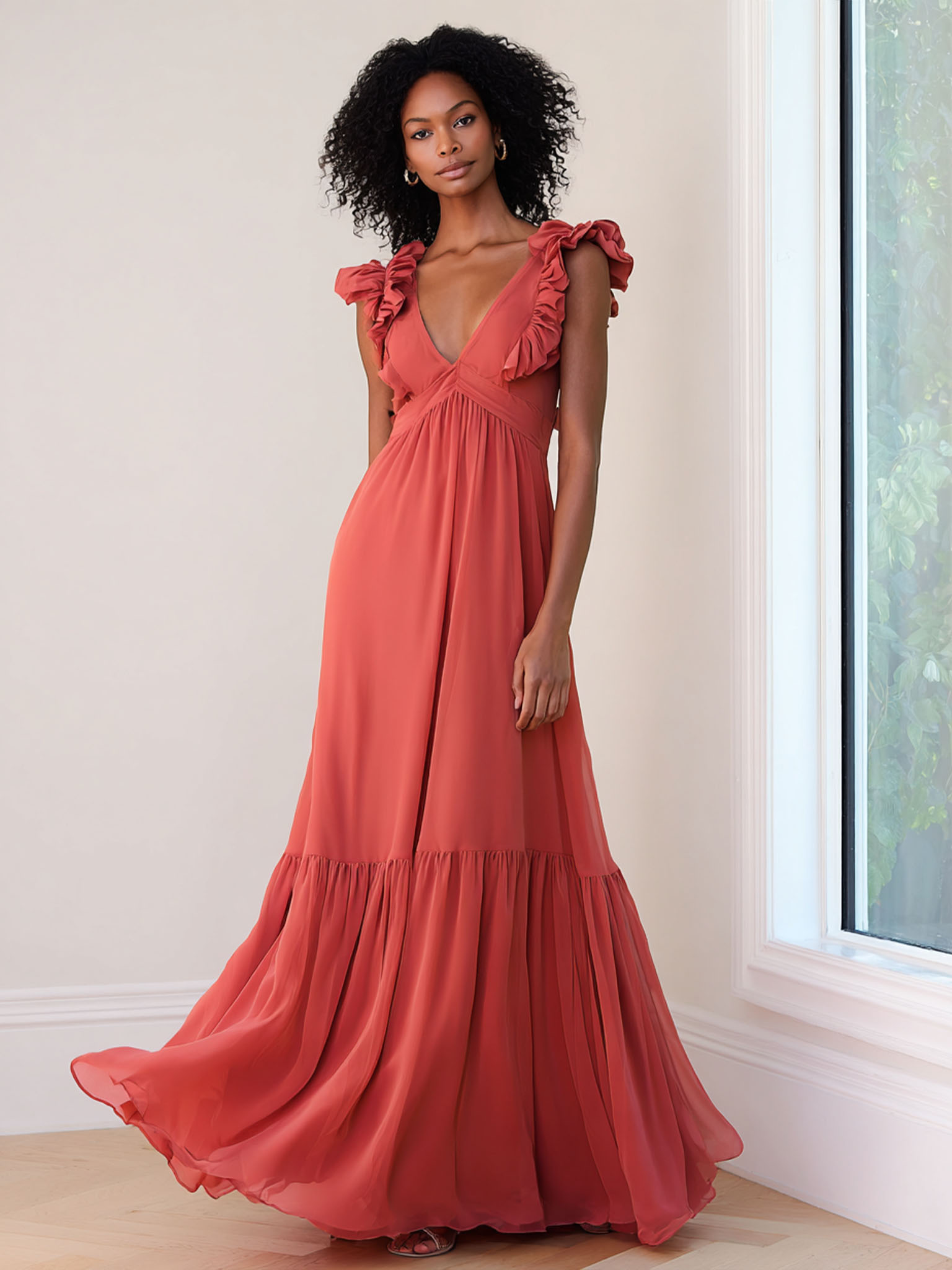 V Neck A Line Chiffon Ruffles Sleeveless Formal Dresses
