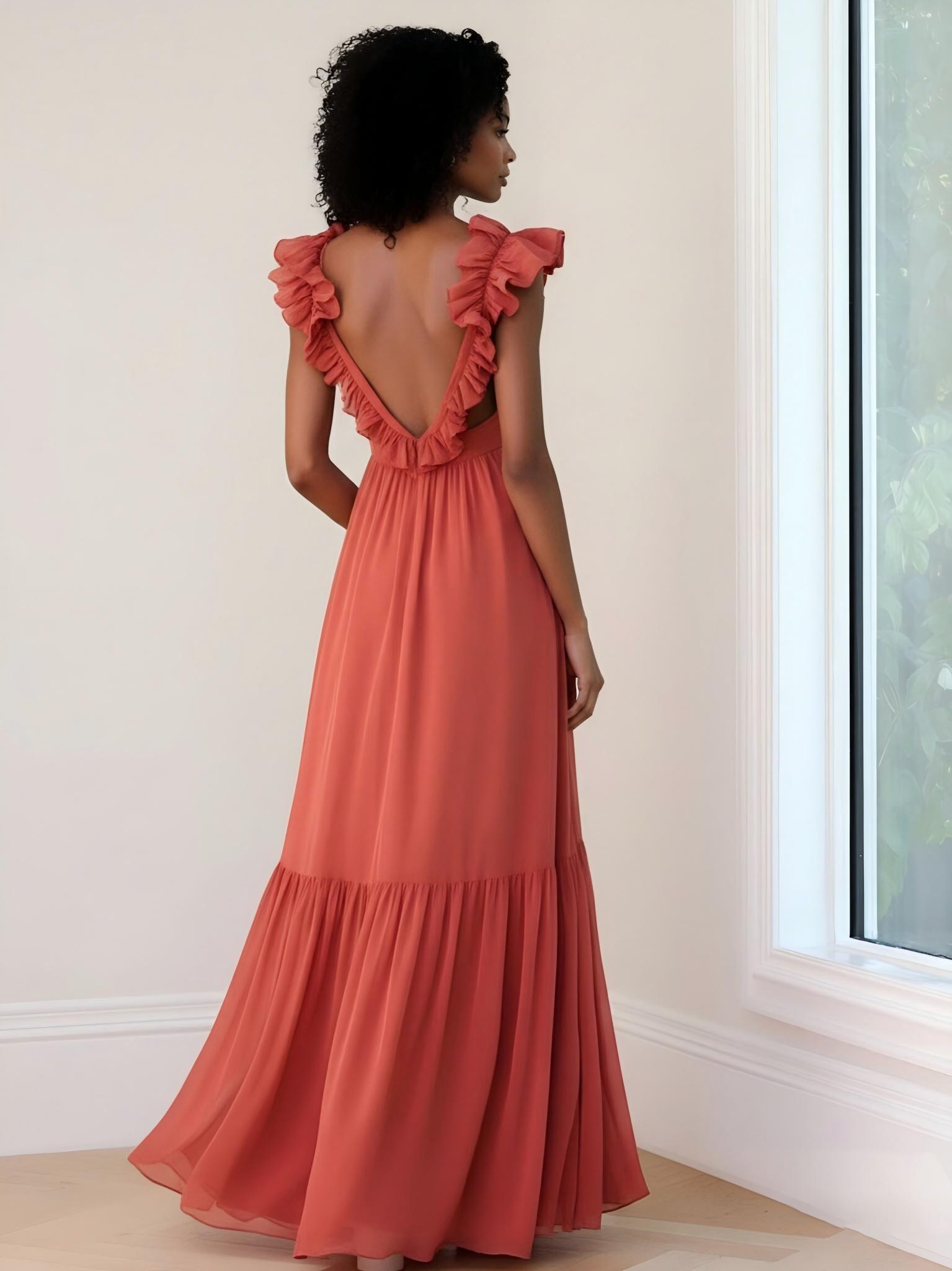 V Neck A Line Chiffon Ruffles Sleeveless Formal Dresses