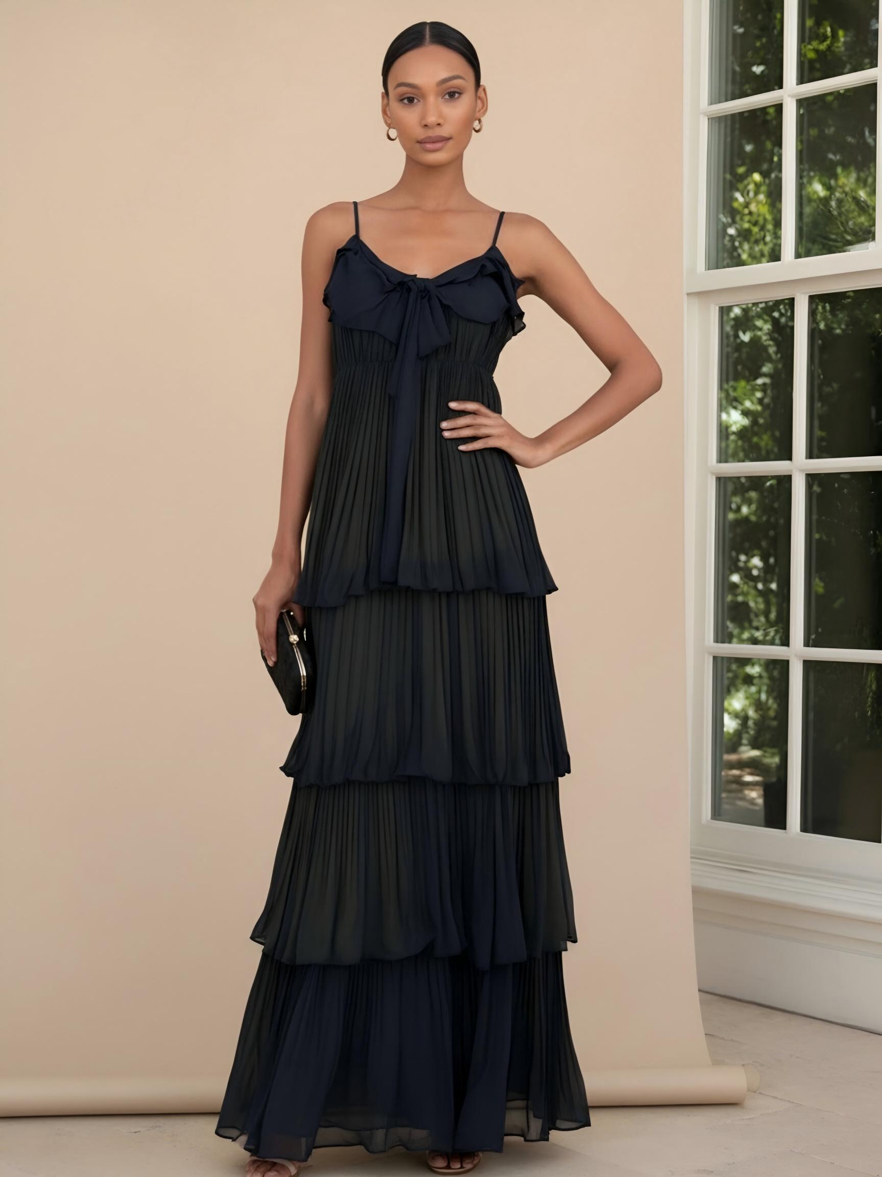 Spaghetti Straps A Line Chiffon Tiered Sleeveless Formal Dresses