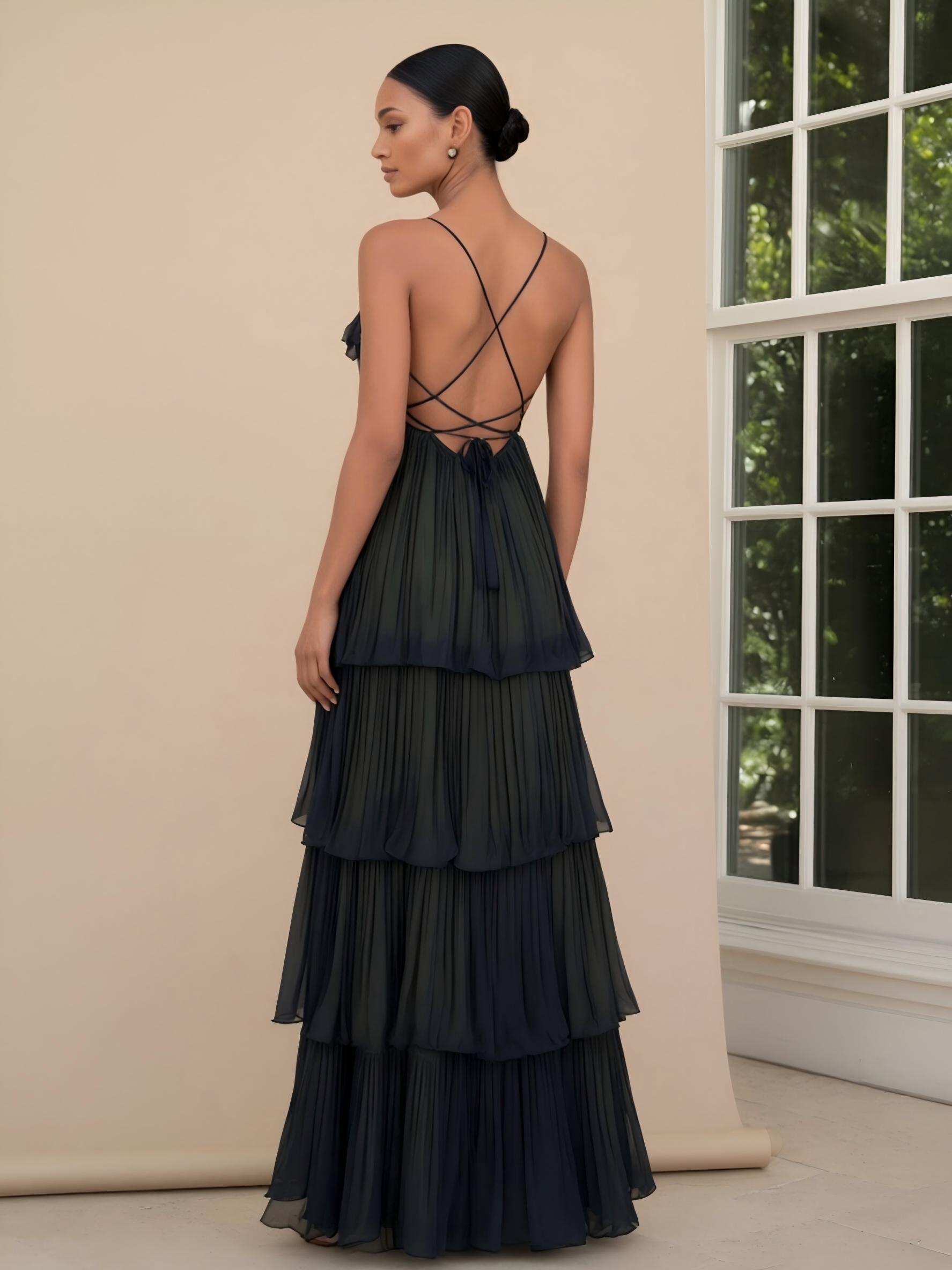 Spaghetti Straps A Line Chiffon Tiered Sleeveless Formal Dresses