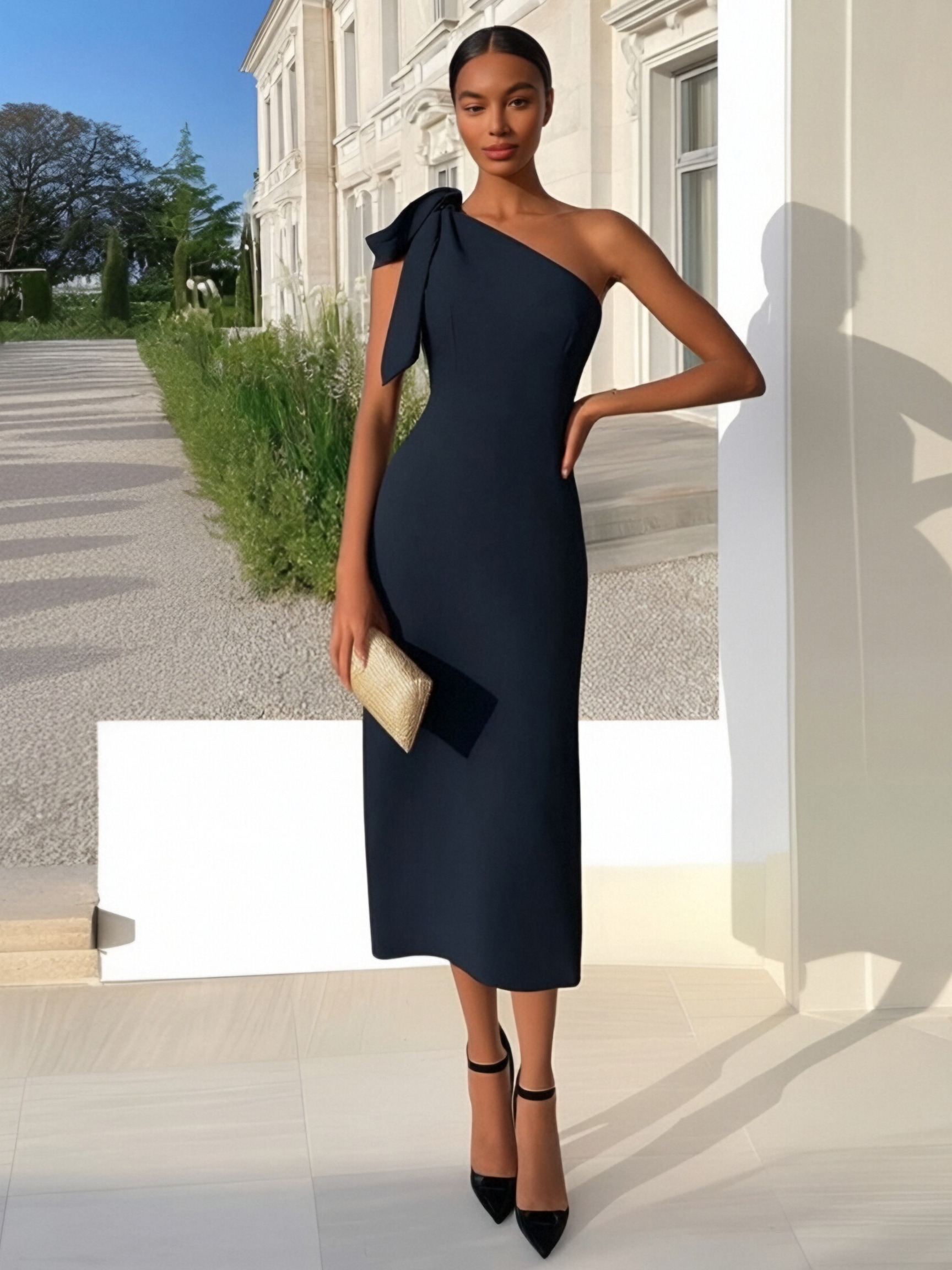 One Shoulder Bodycon Satin Bow Sleeveless Formal Dresses