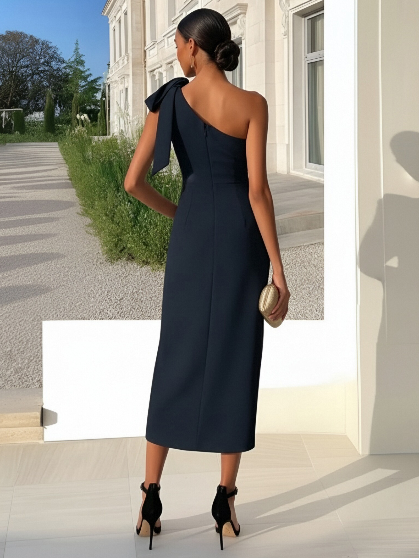 One Shoulder Bodycon Satin Bow Sleeveless Formal Dresses