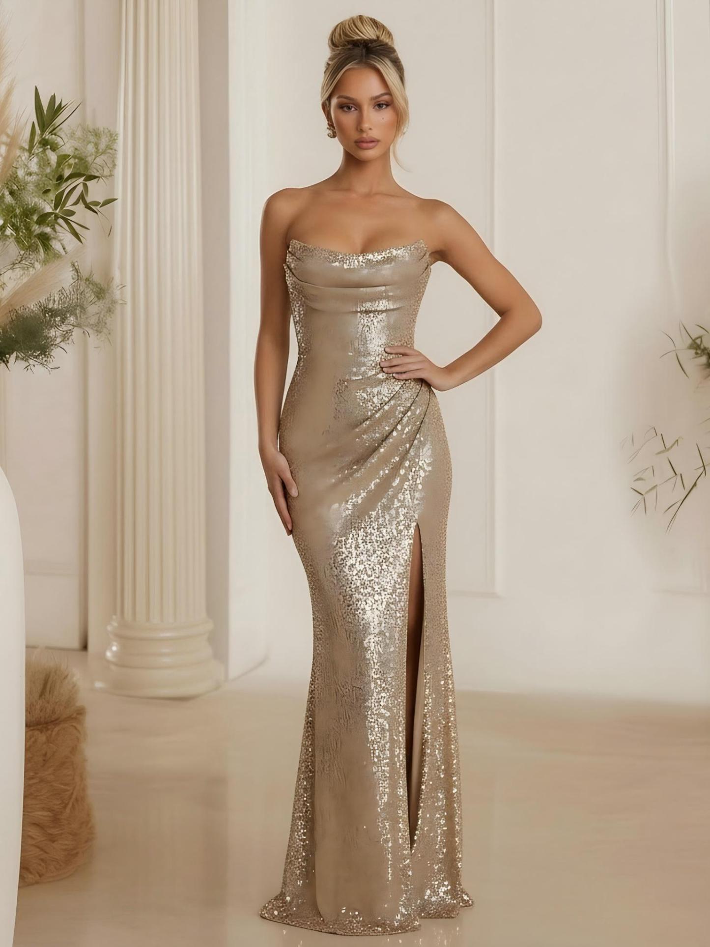 Strapless Mermaid Sequin Sleeveless Formal Dresses with Slit