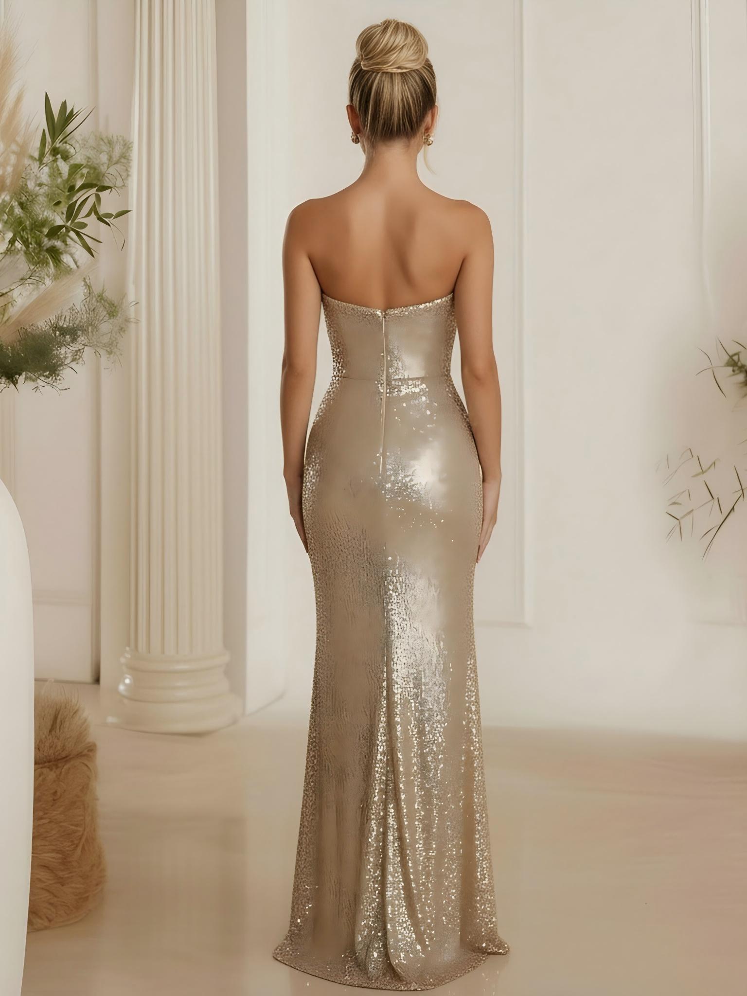 Strapless Mermaid Sequin Sleeveless Formal Dresses with Slit