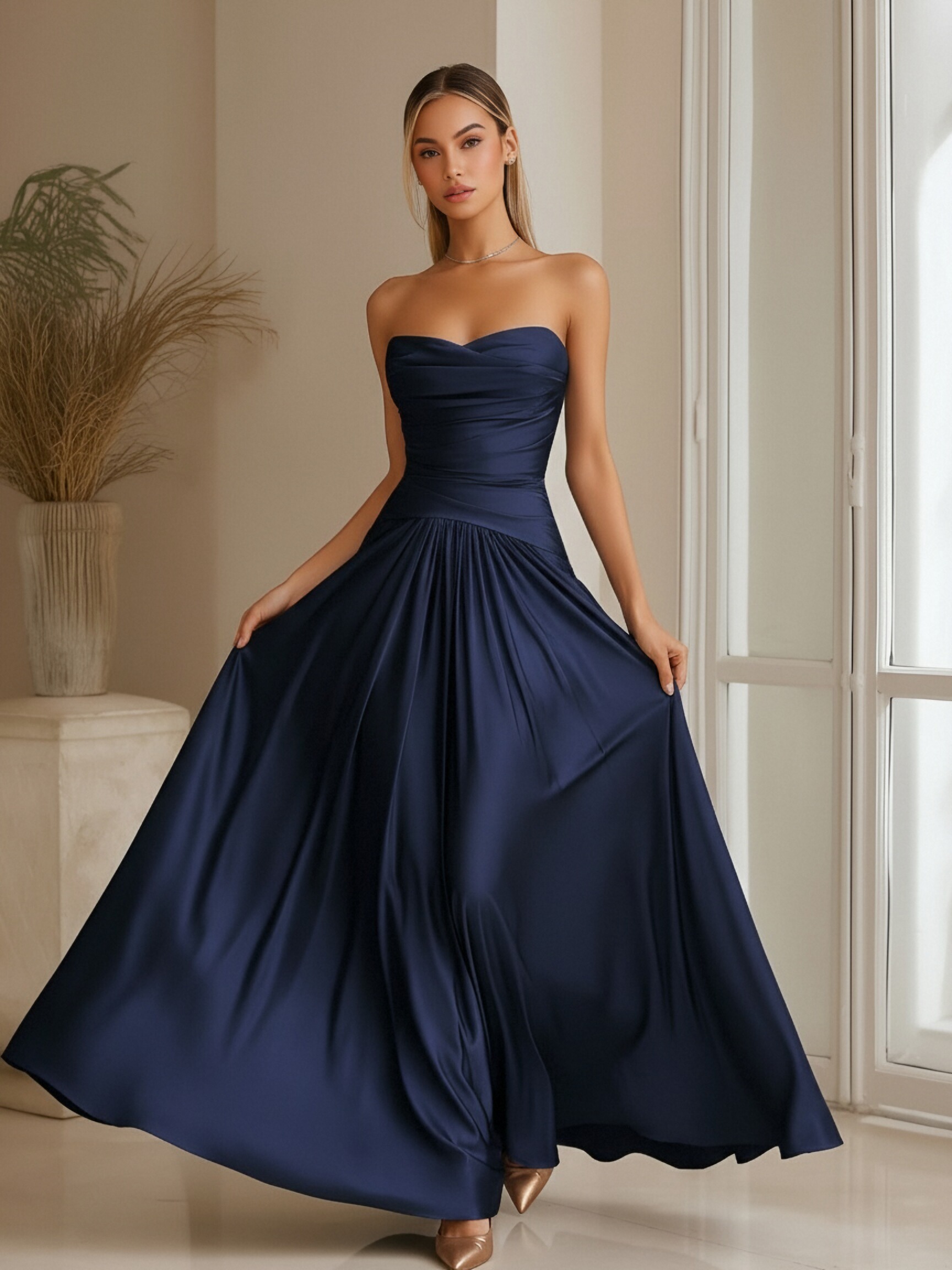 Strapless A Line Satin Sleeveless Pleats Formal Dresses