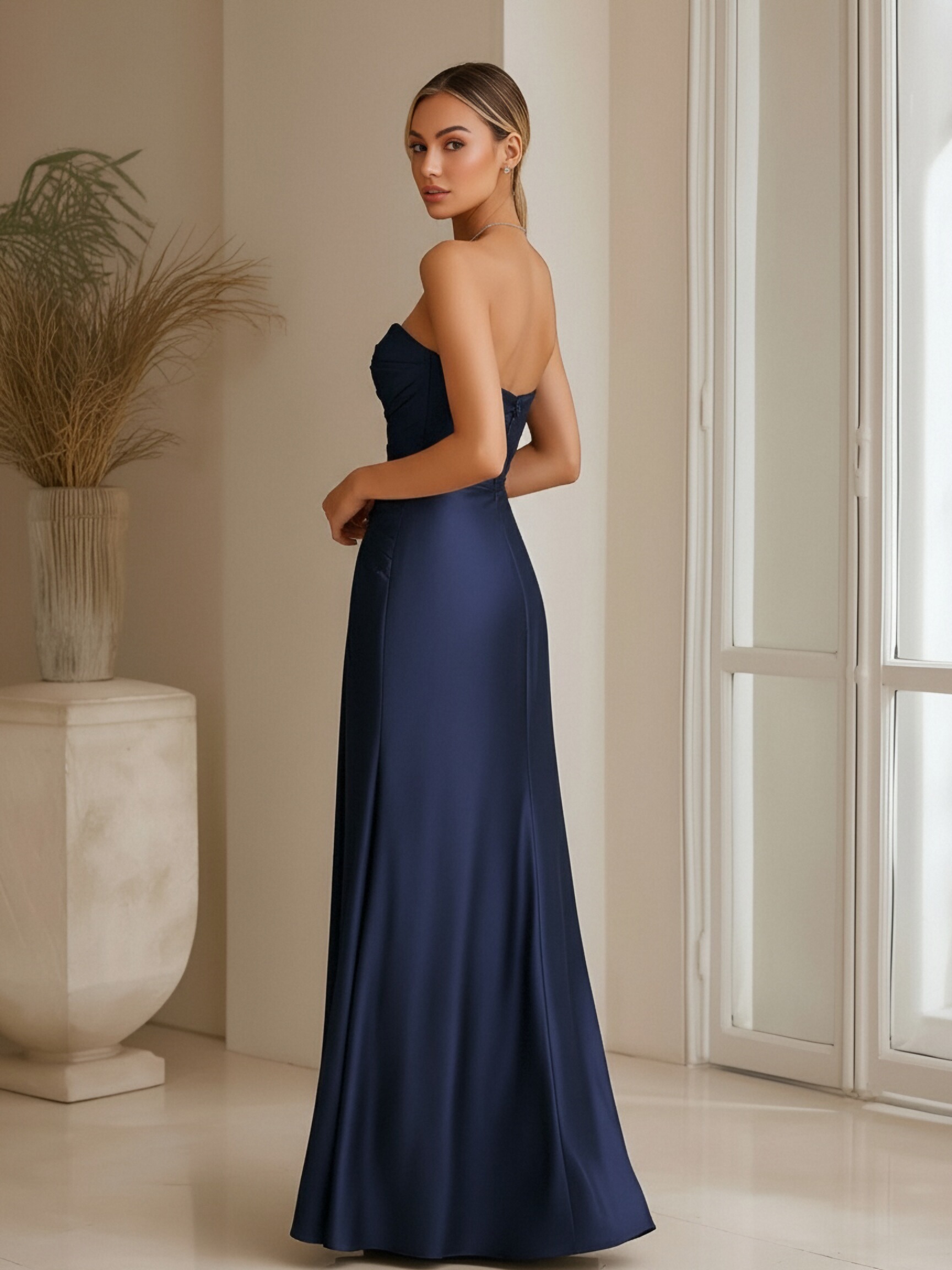 Strapless A Line Satin Sleeveless Pleats Formal Dresses