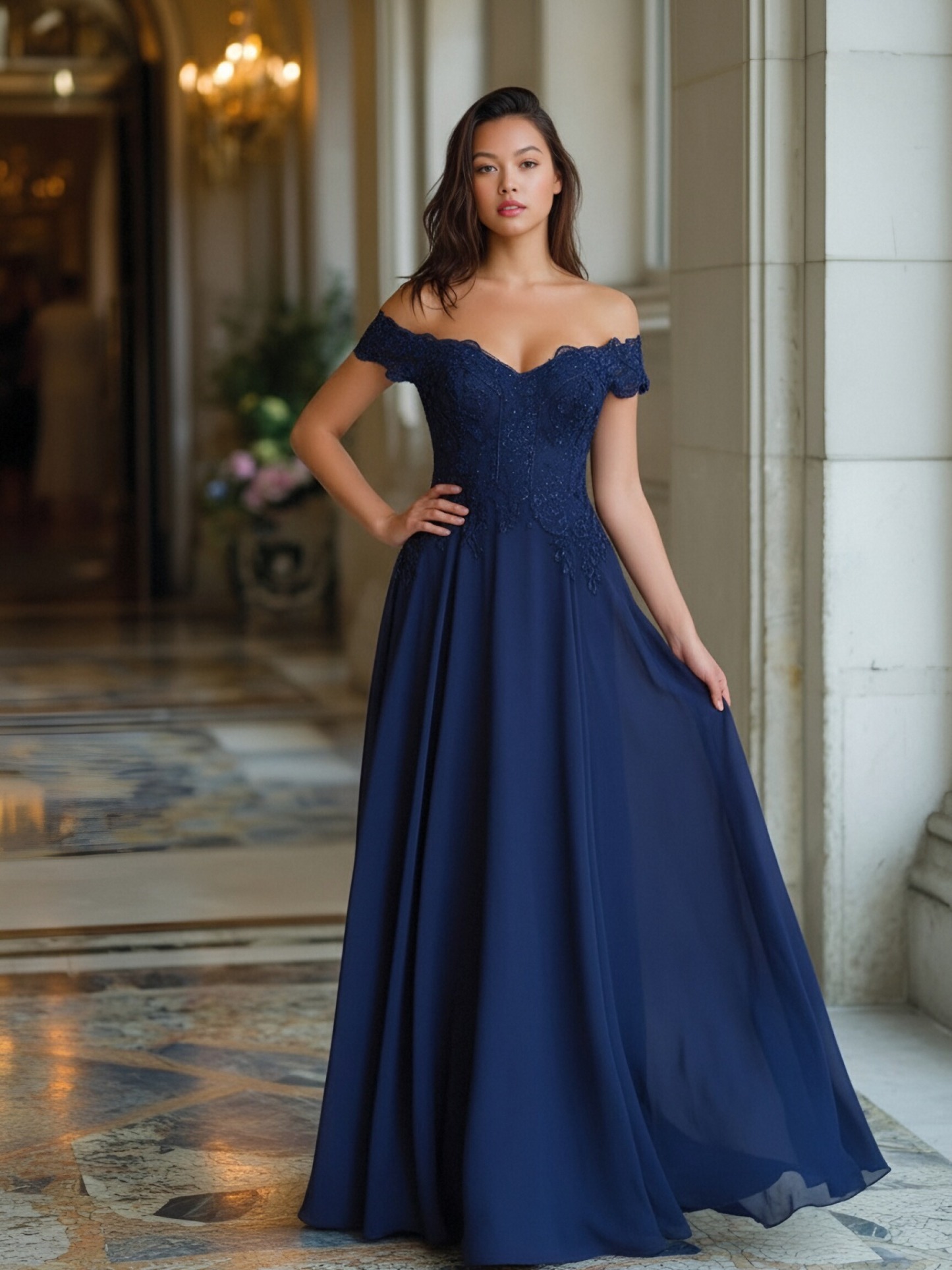 Off Shoulder Chiffon A Line Sleeveless Applique Formal Dresses