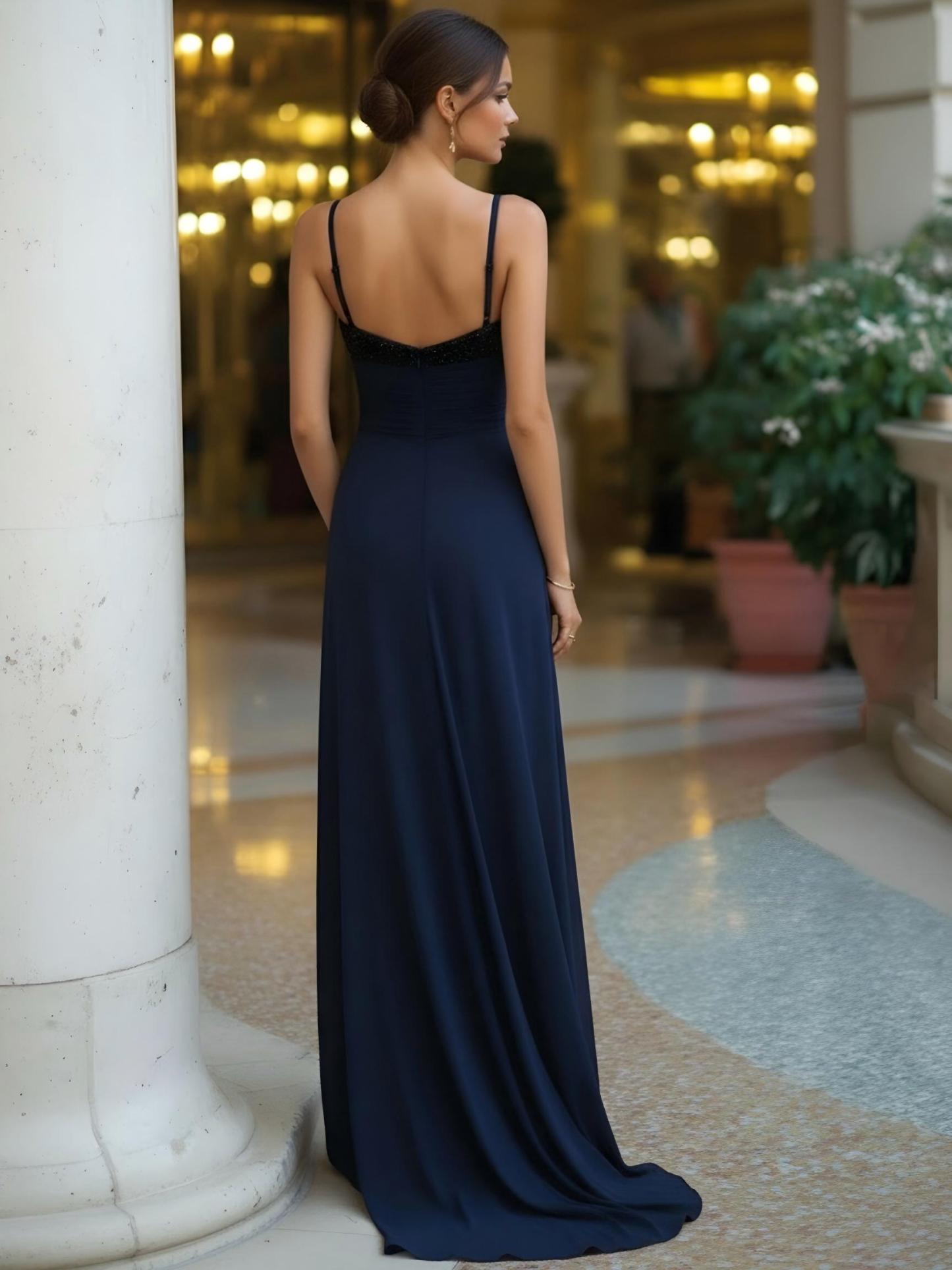 Spaghetti Straps Satin Mermaid Sleeveless Beads Formal Dresses