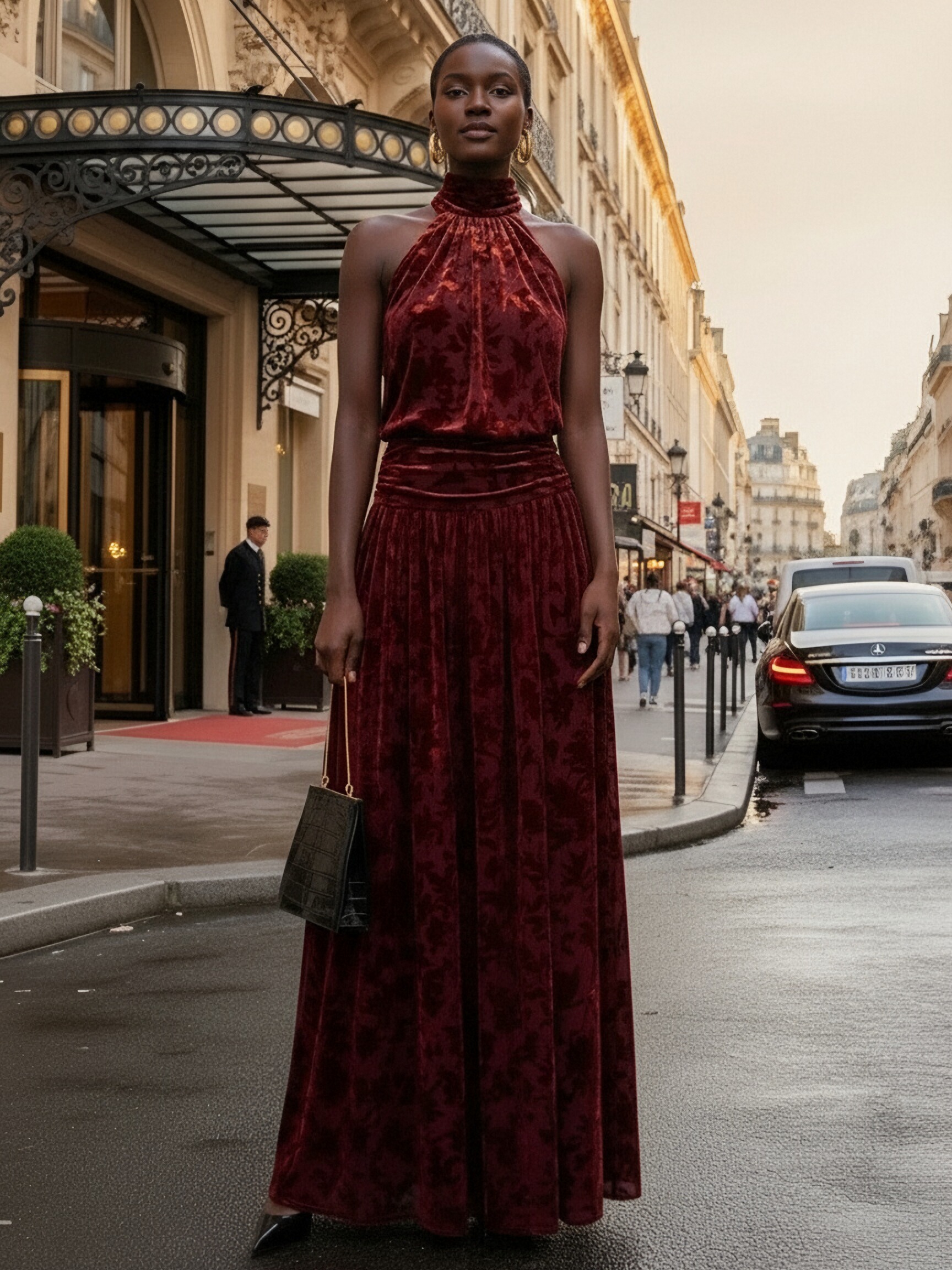 Halter Velvet A Line Sleeveless Pleats Formal Dresses