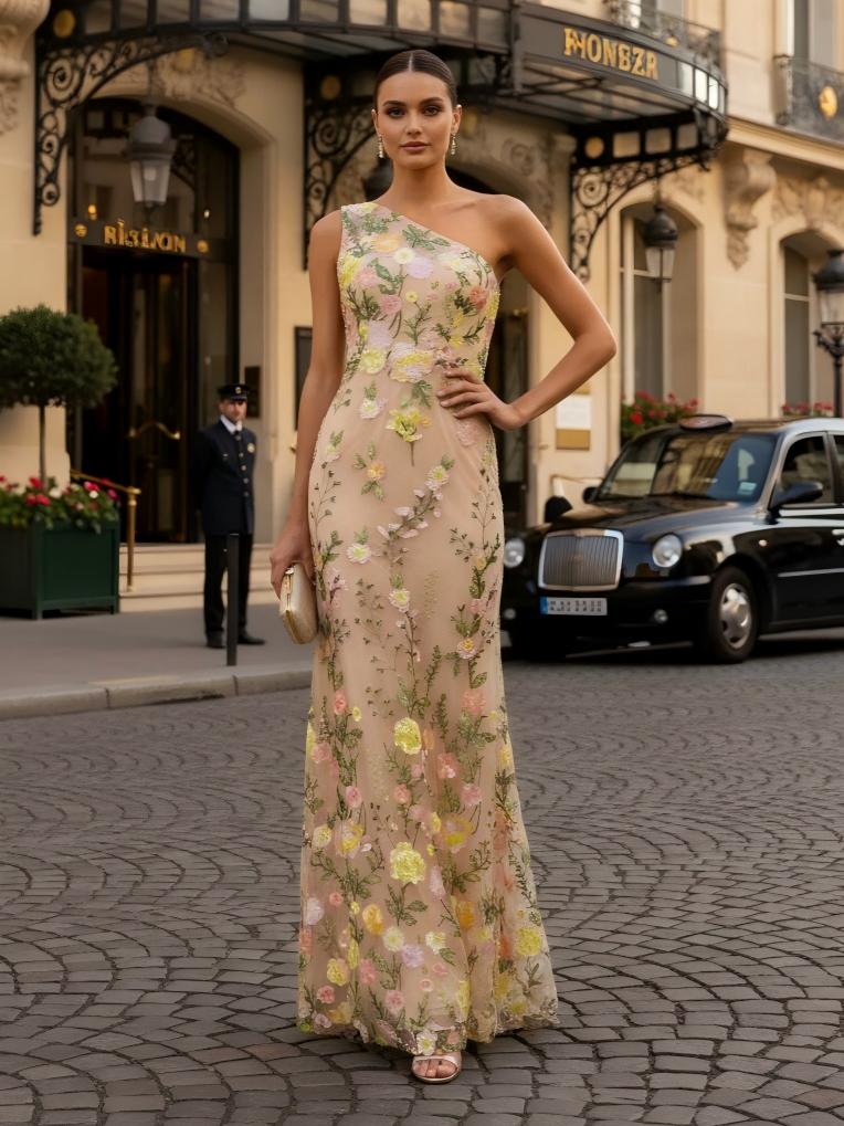 One Shoulder Applique Tulle Mermaid Sleeveless Formal Dresses