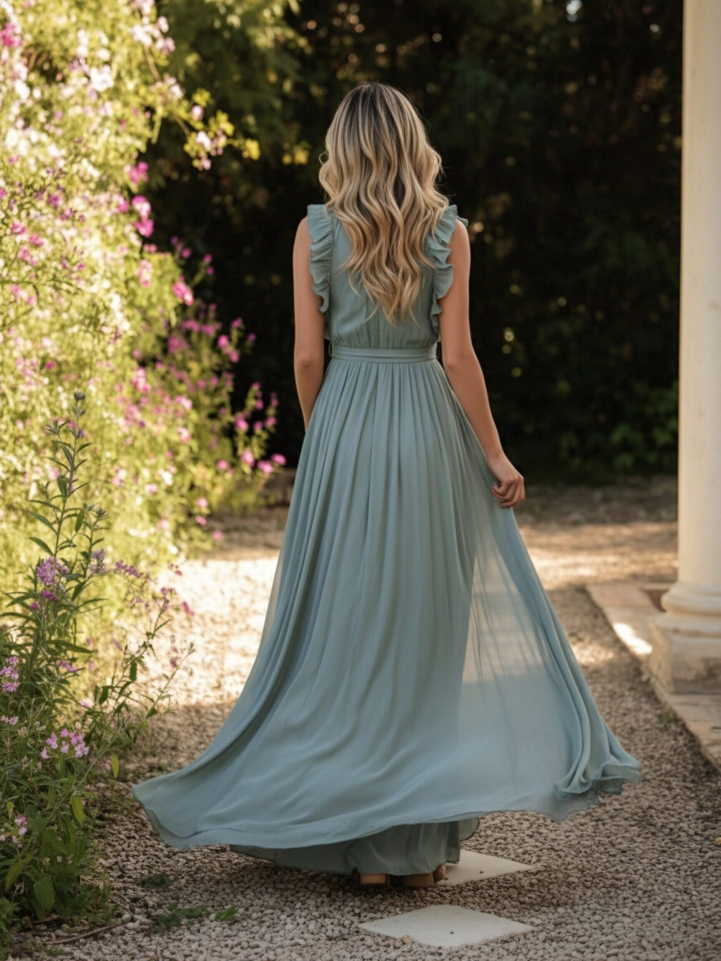 Sleeveless V Neck A Line Chiffon Formal Dresses Ruffles