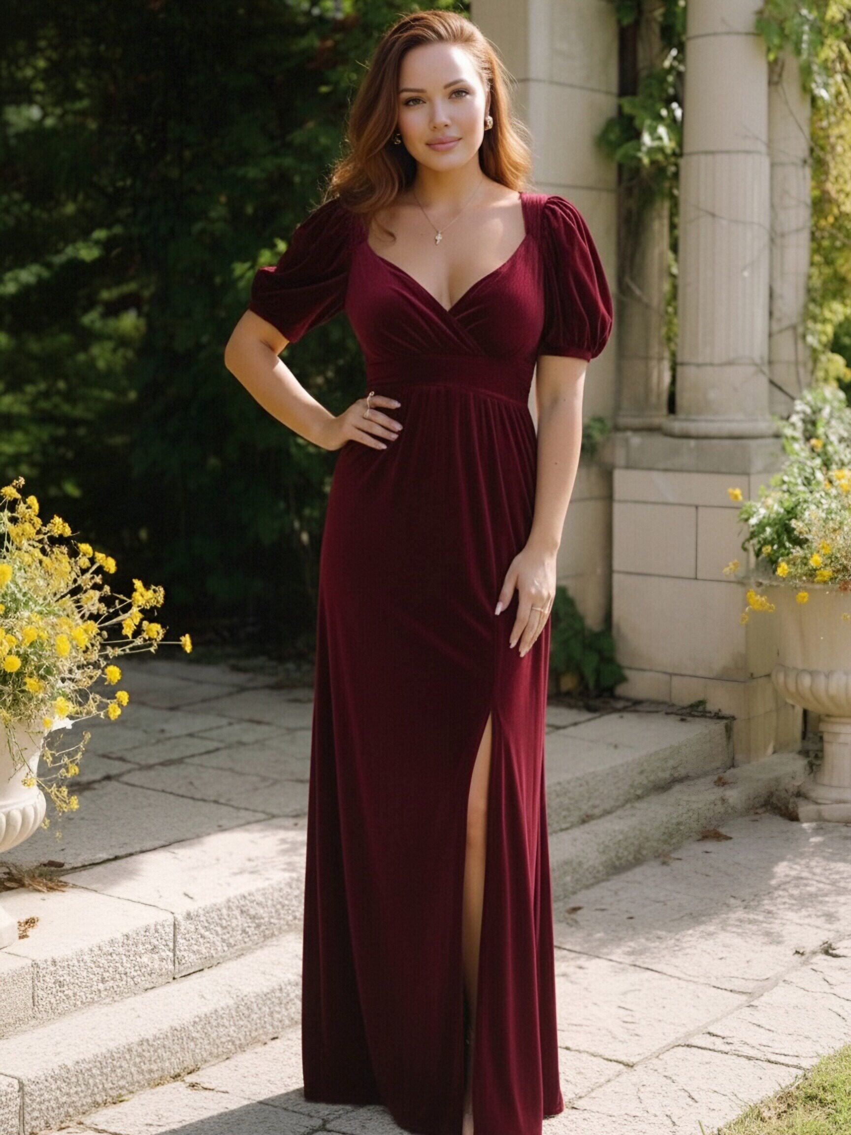 Short Sleeves V Neck A Line Formal Dresses with Slit