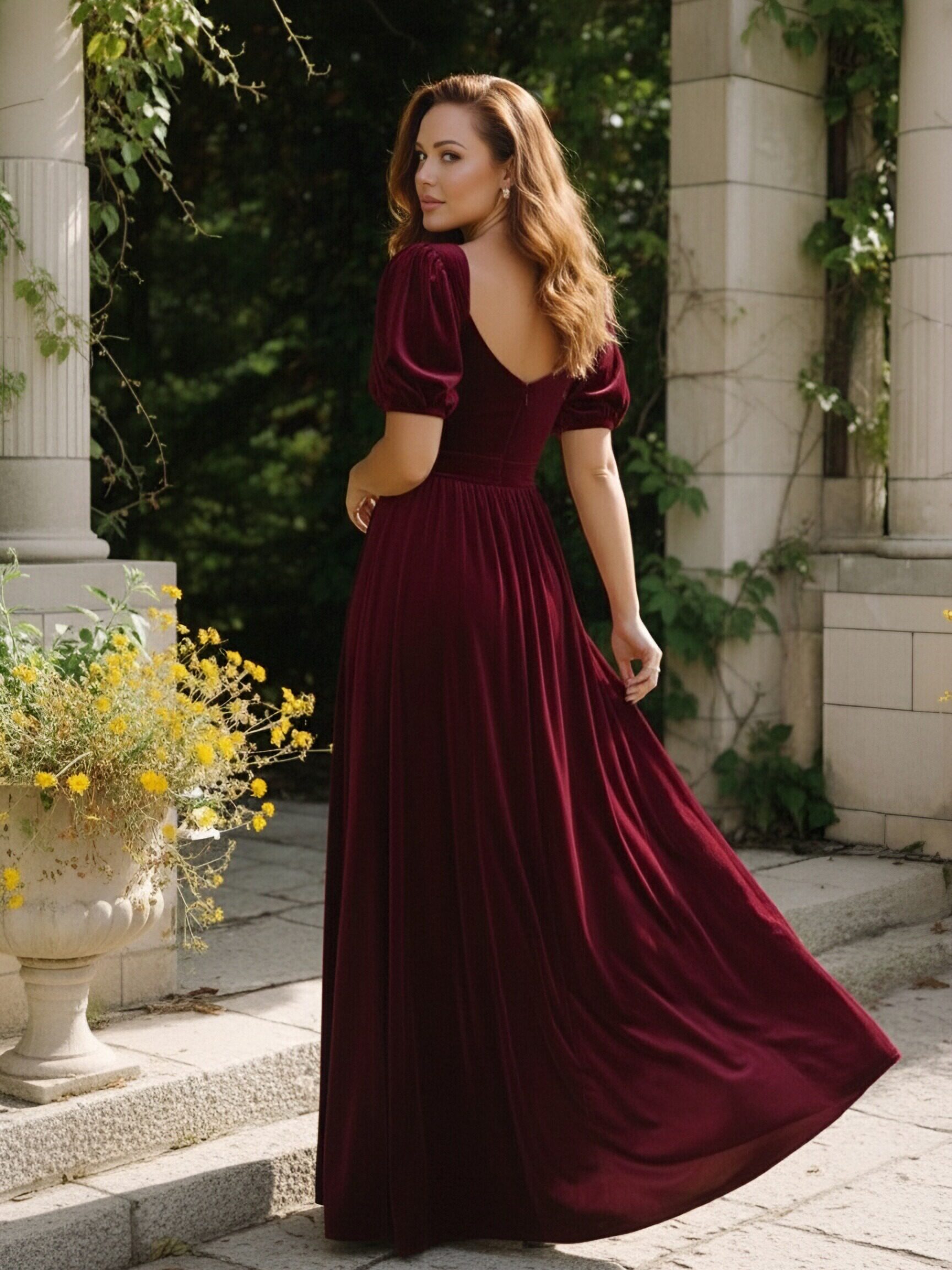 Short Sleeves V Neck A Line Formal Dresses with Slit