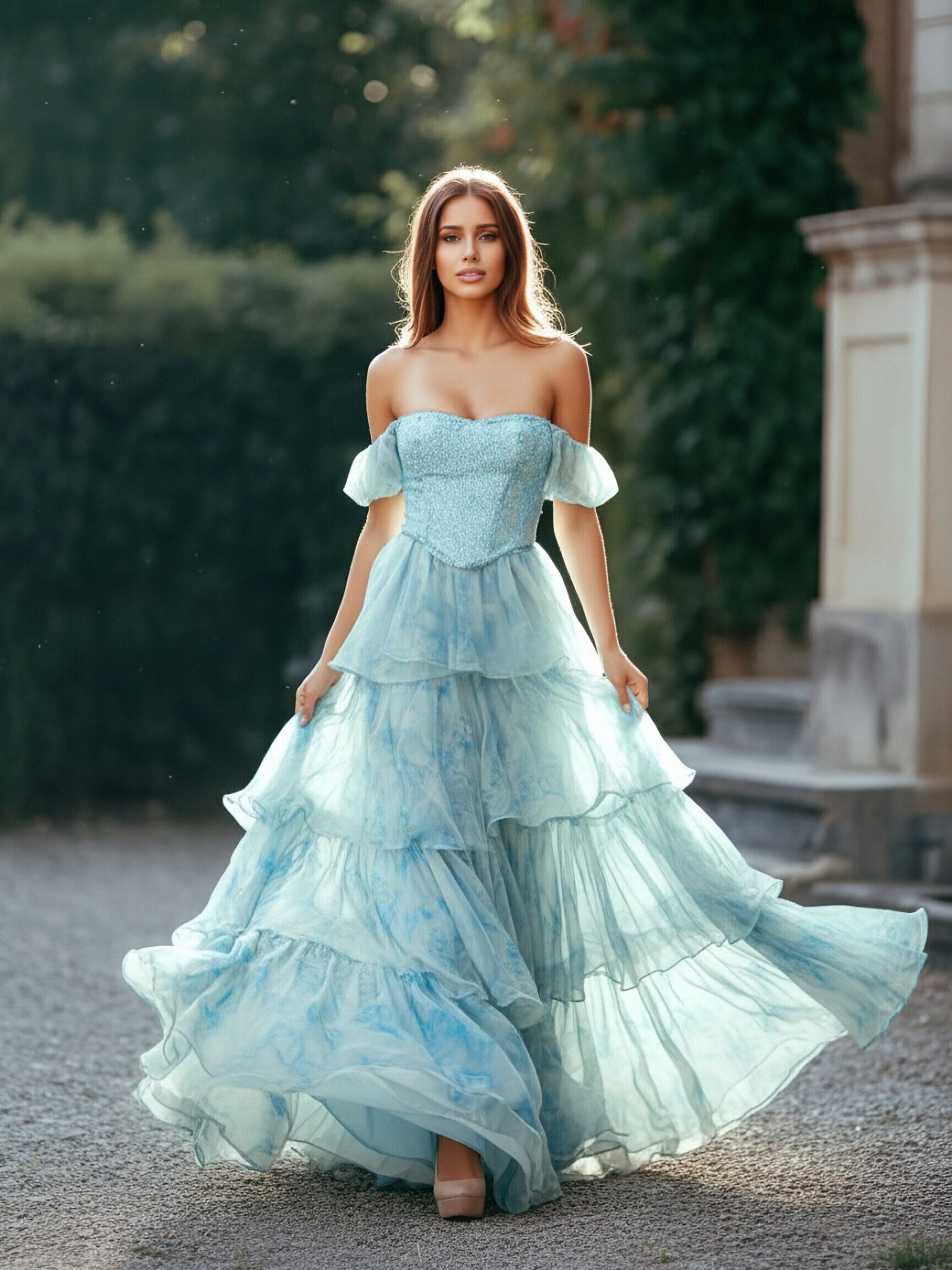 Off Shoulder Sweetheart Tiered Tulle A Line Formal Dresses