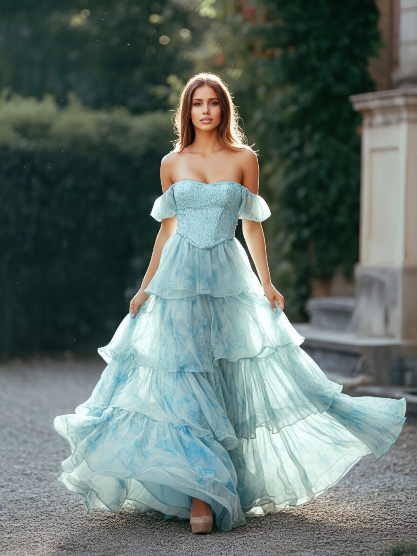 Off Shoulder Sweetheart Tiered Tulle A Line Formal Dresses
