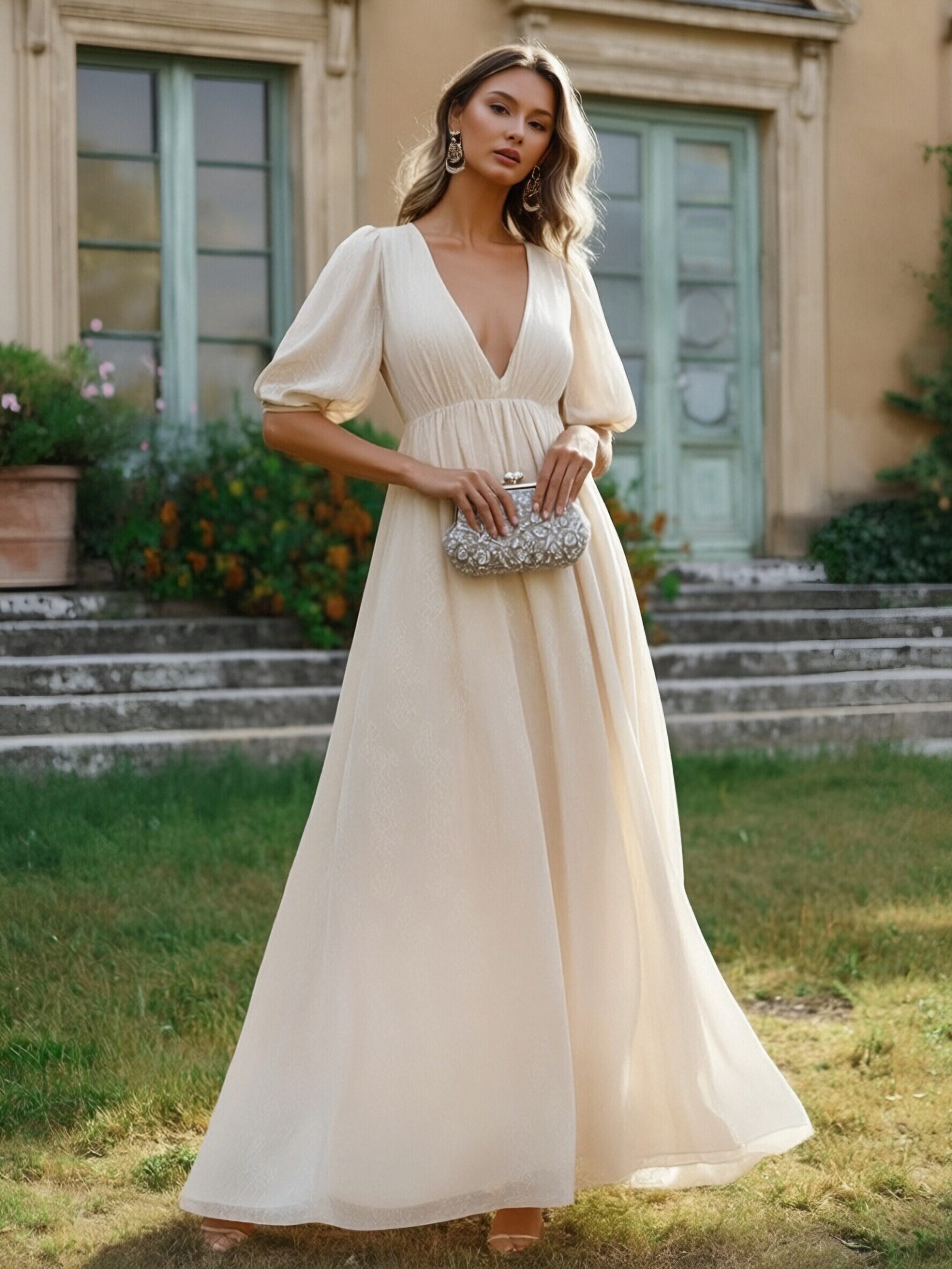 Half Sleeves V Neck A Line Chiffon Formal Dresses