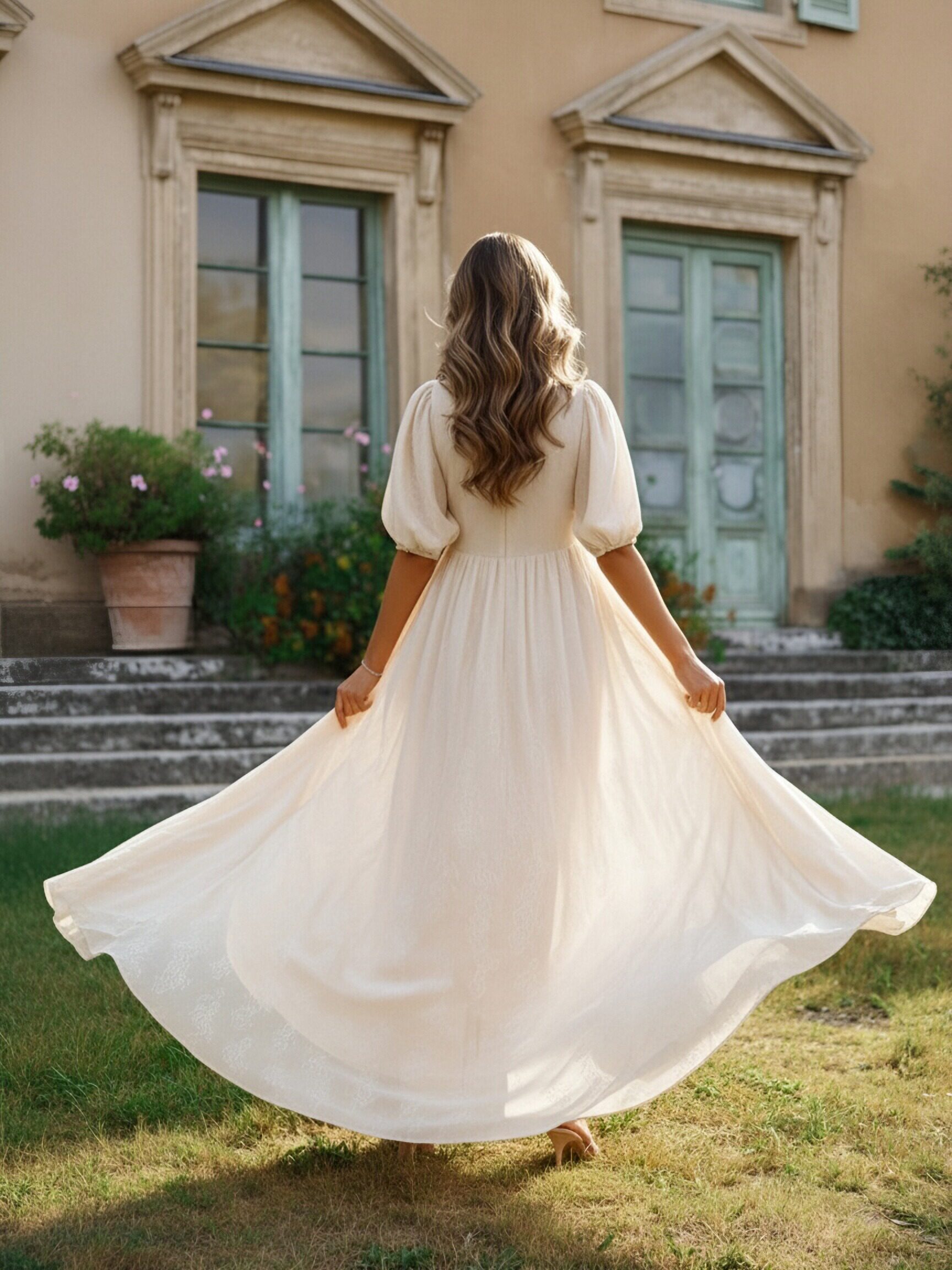 Half Sleeves V Neck A Line Chiffon Formal Dresses