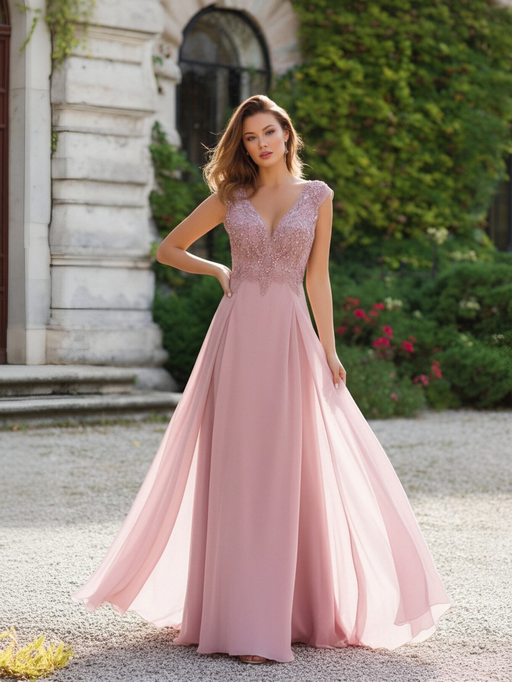 Sleeveless V Neck A Line Appliques Chiffon Formal Dresses