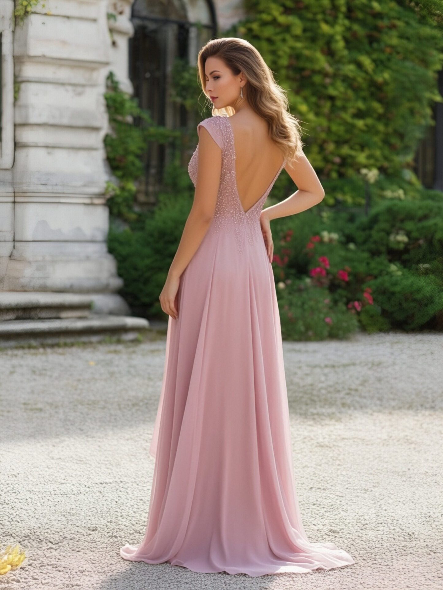 Sleeveless V Neck A Line Appliques Chiffon Formal Dresses