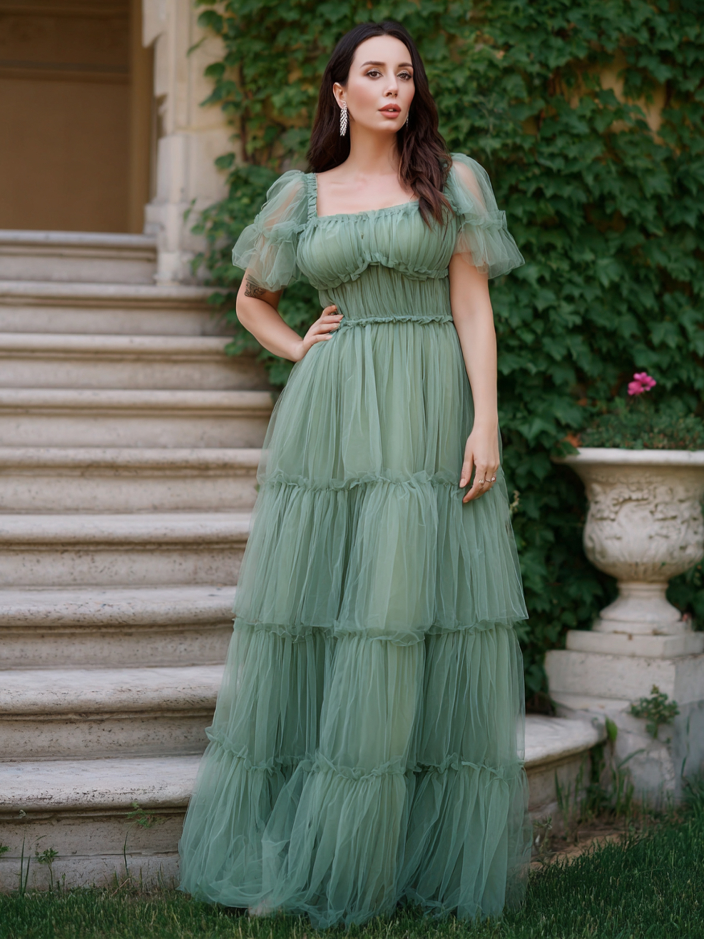 Short Sleeves Square Neck Tiered Chiffon Formal Dresses