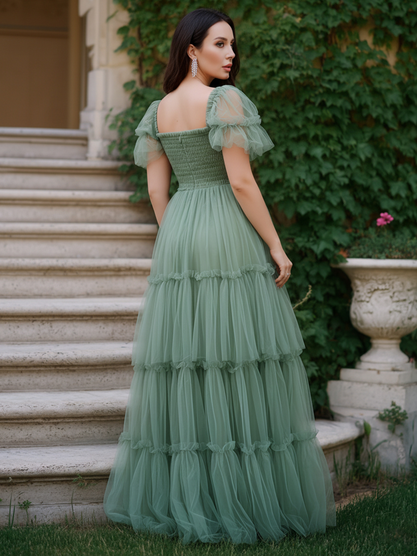 Short Sleeves Square Neck Tiered Chiffon Formal Dresses