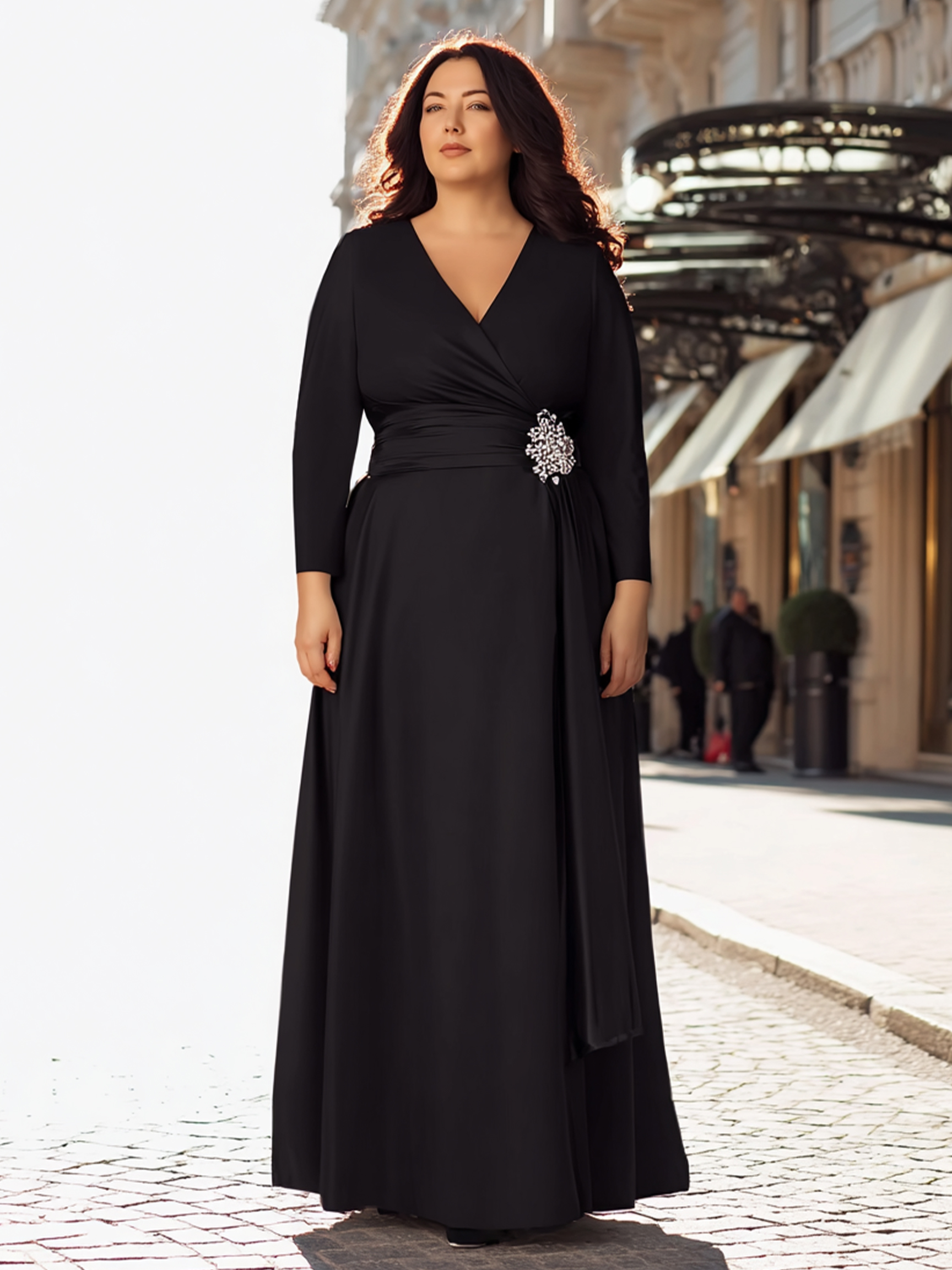 Long Sleeves V Neck A Line Pleated Beaded Formal Dresses
