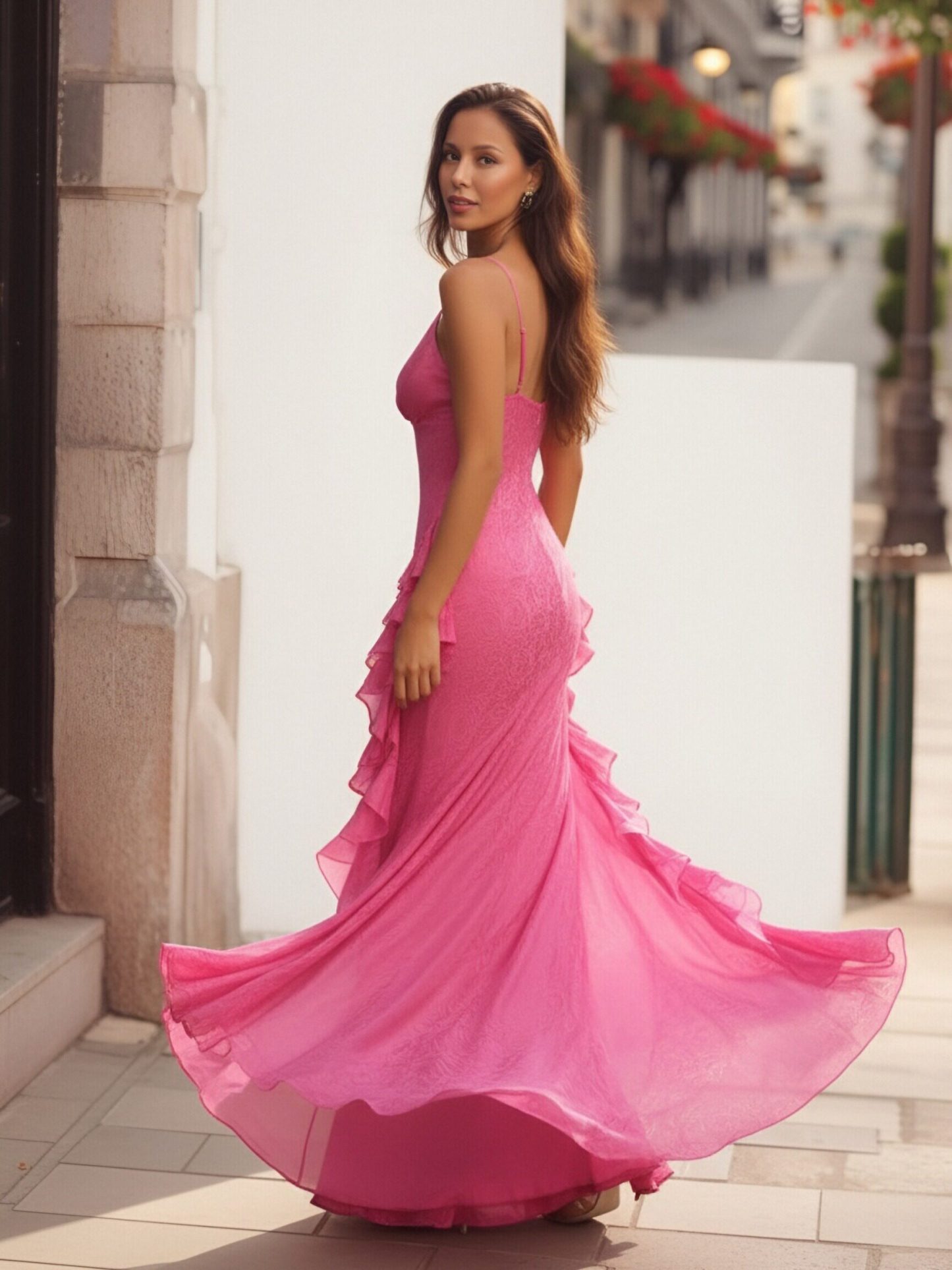 Spaghetti Strap V Neck Mermaid Formal Dresses with Ruffles