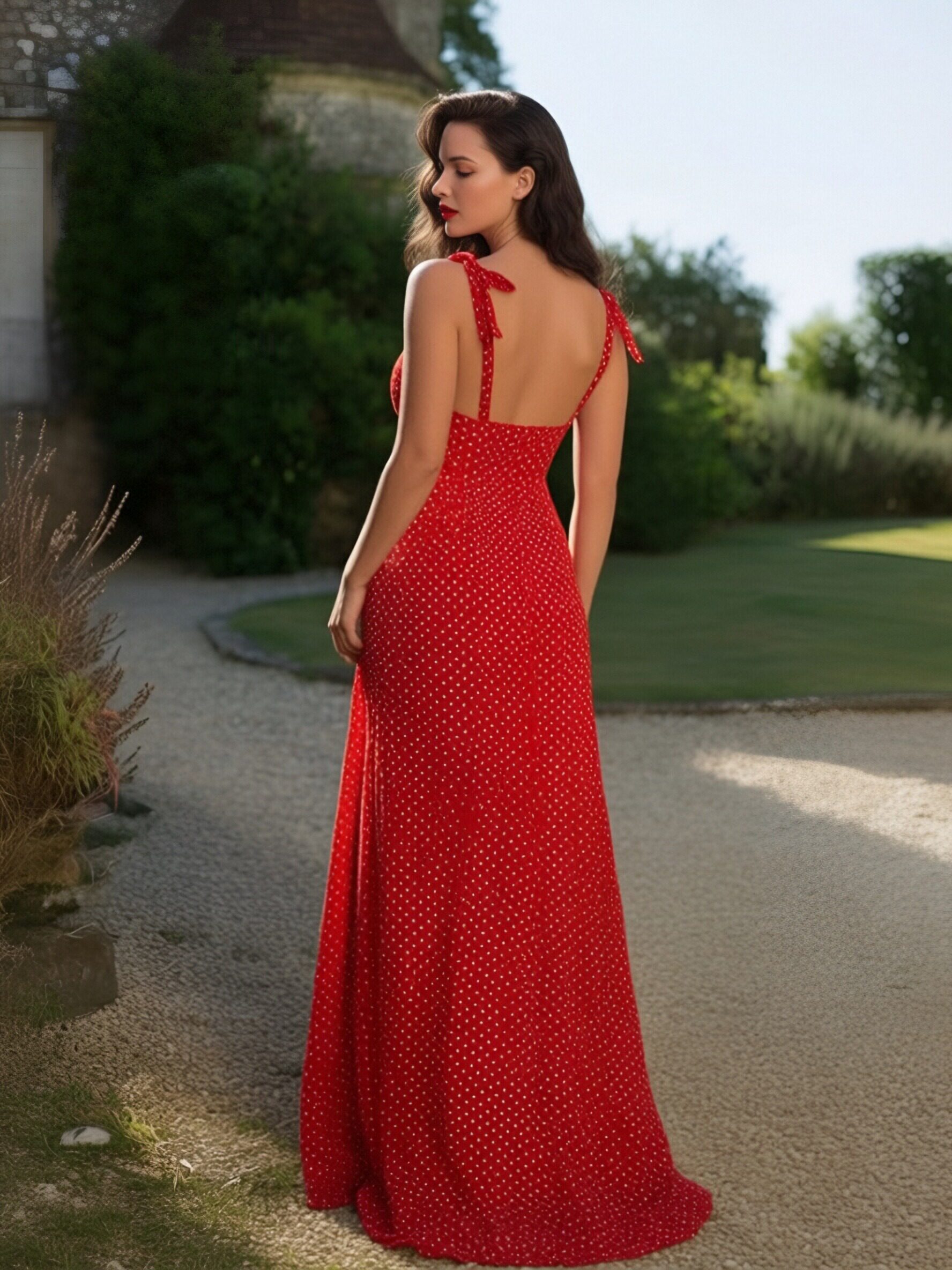 Spaghetti Straps V Neck A Line Formal Dresses with Polka Dot